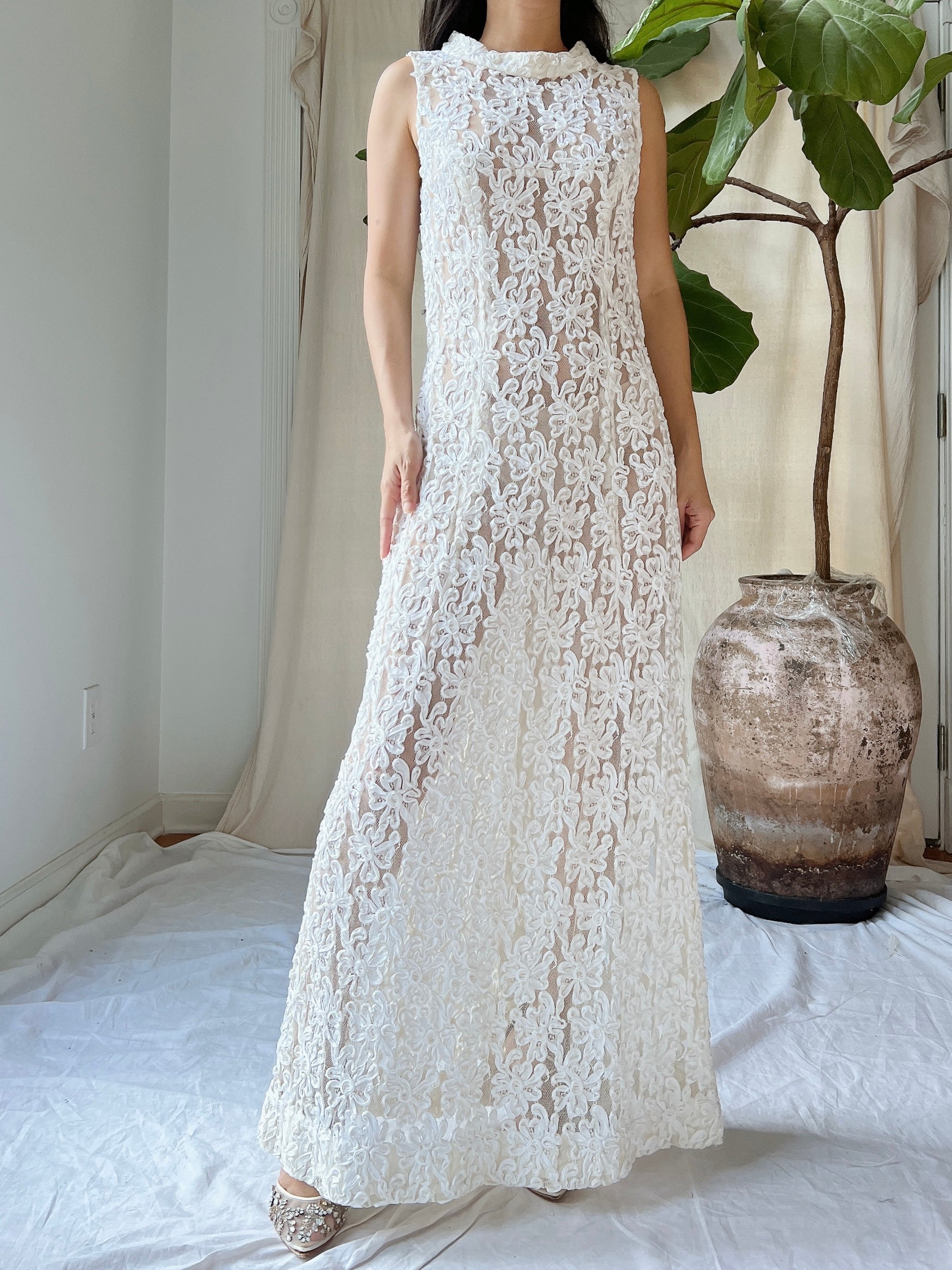 1960s Sheer Soutache Floral Dress - M