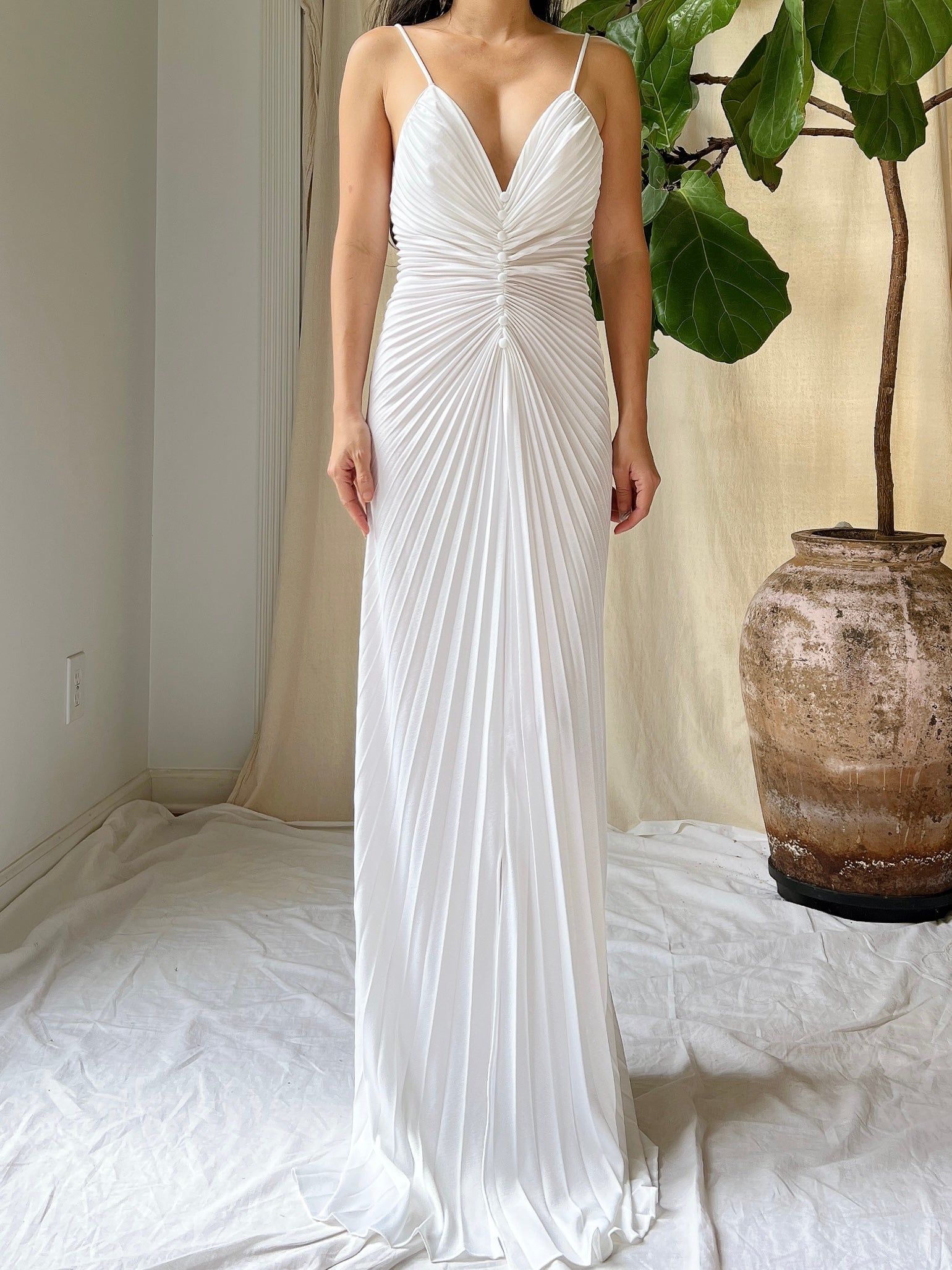 1970s White Jersey Pleated Dress - S