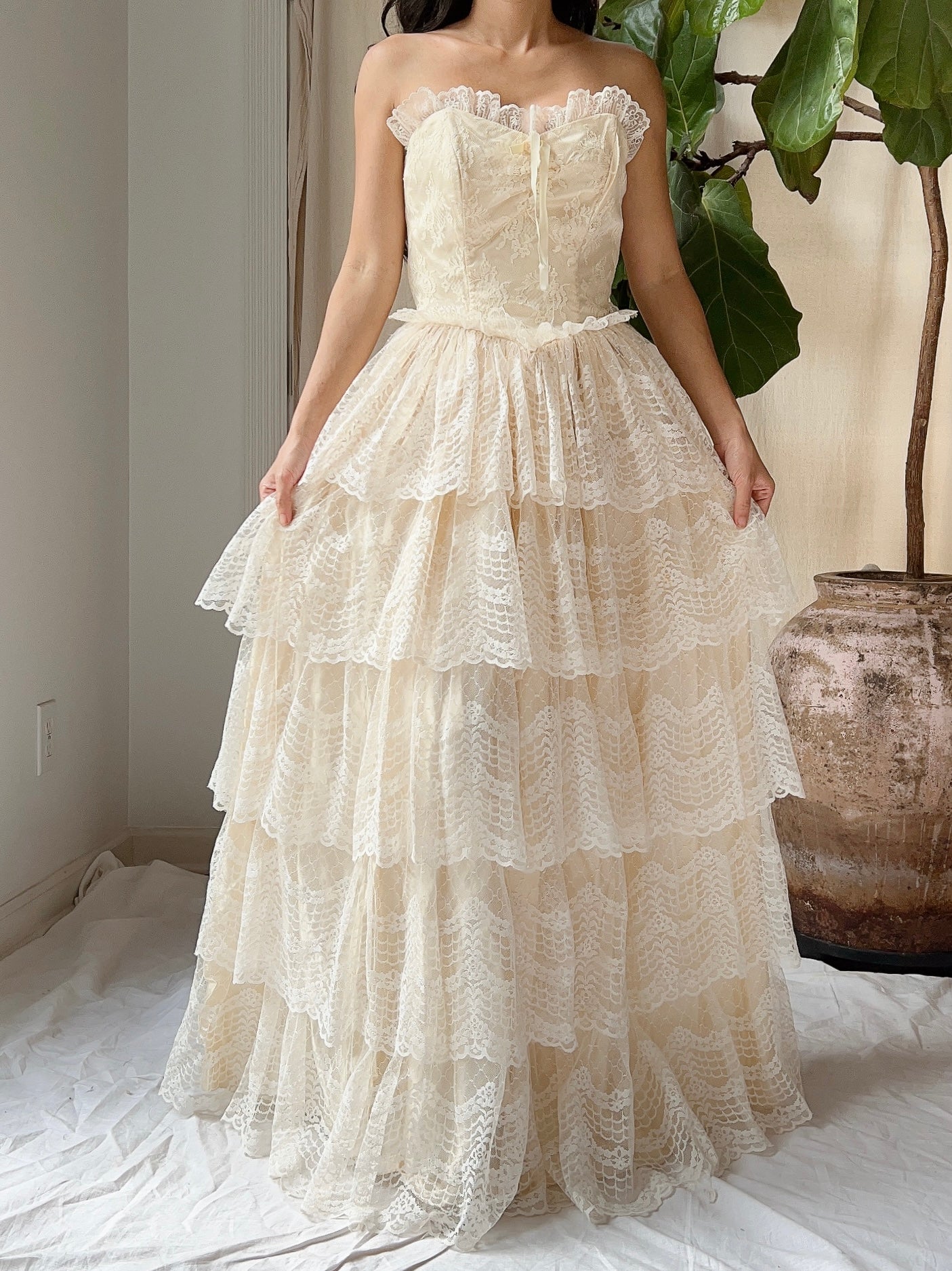 Vintage Tiered Strapless Dress - XS