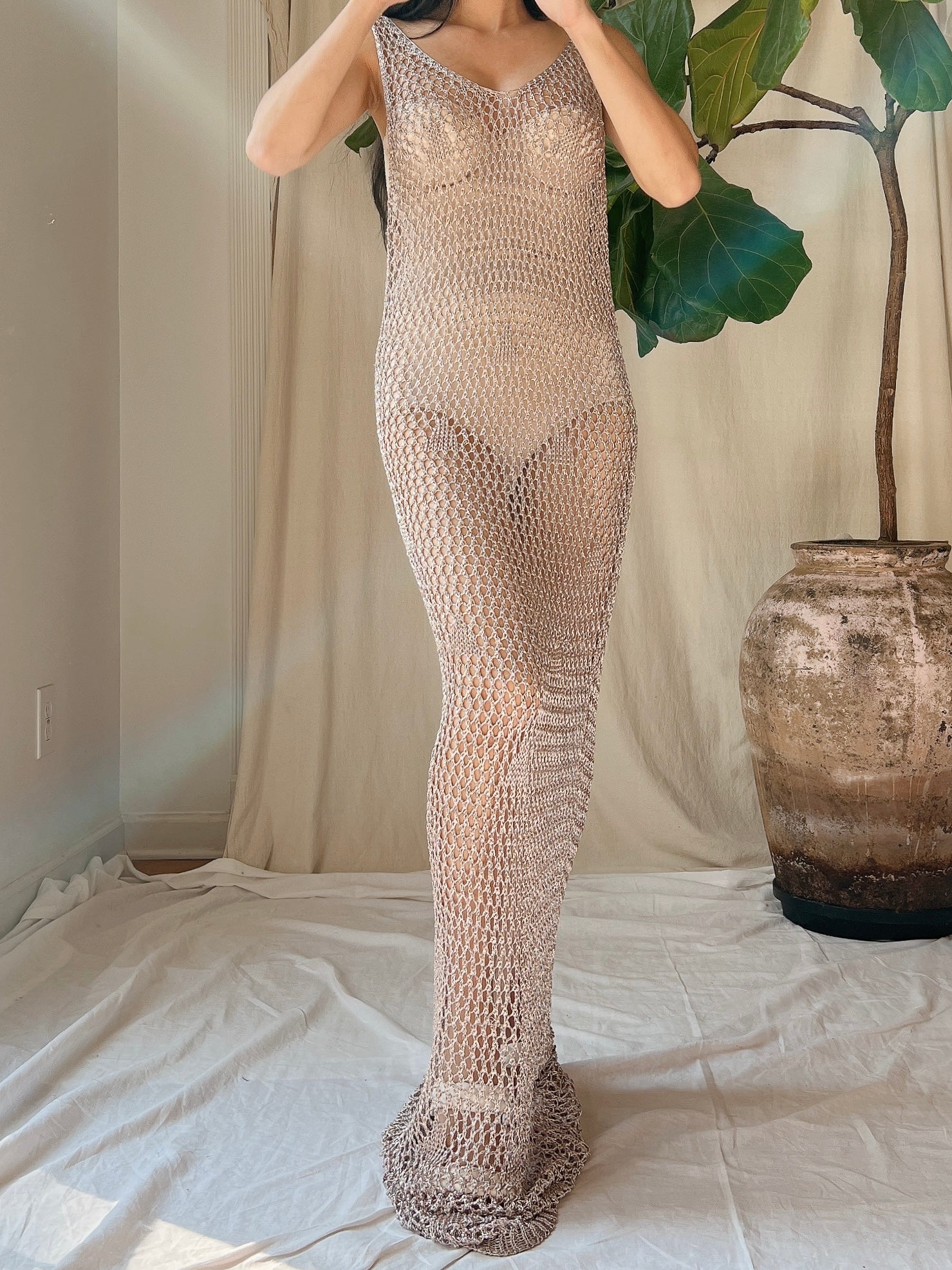 Y2K Pewter Mesh Crochet Gown - OSFM