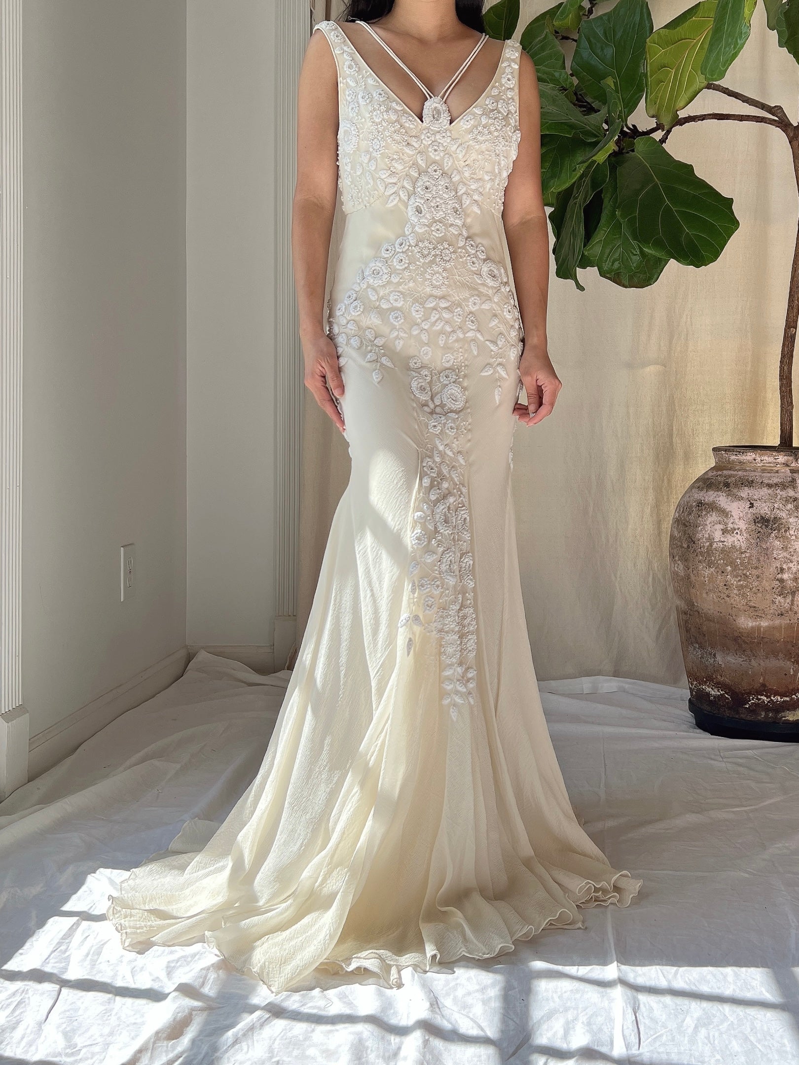 Vintage Silk Embroidered Bias Cut Gown - S/M
