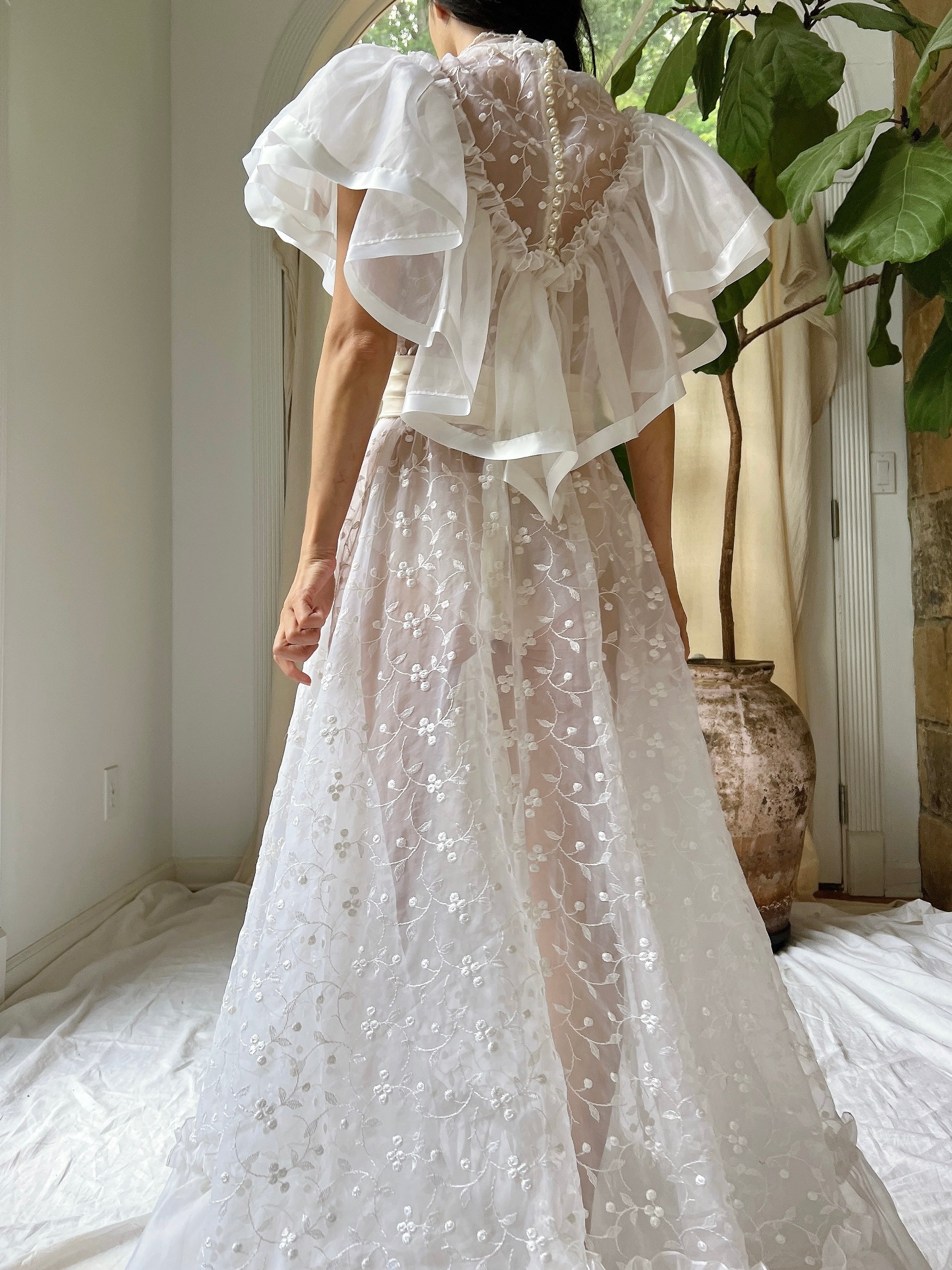 Vintage Ruffle Sheer Embroidered Dress - S