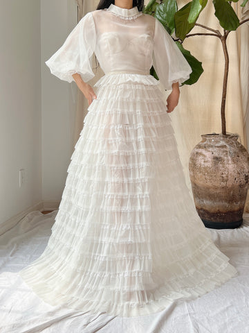 1960s Sheer Puff Sleeves Tiered Gown - S