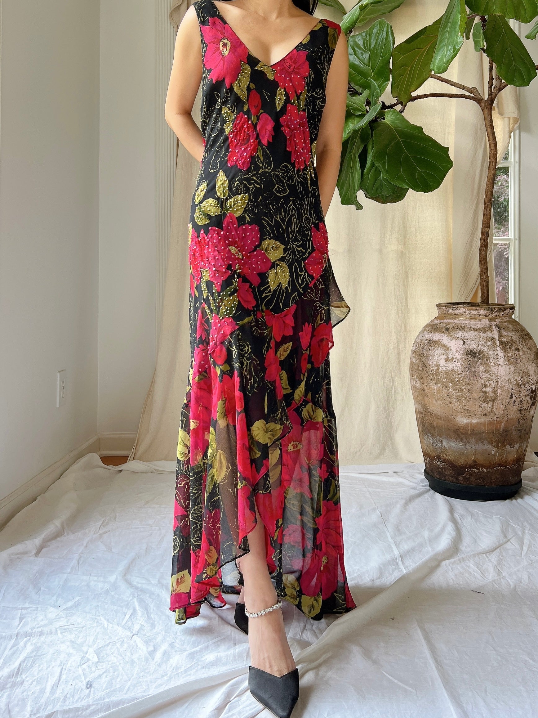 1980s Silk Chiffon Floral Dress - M