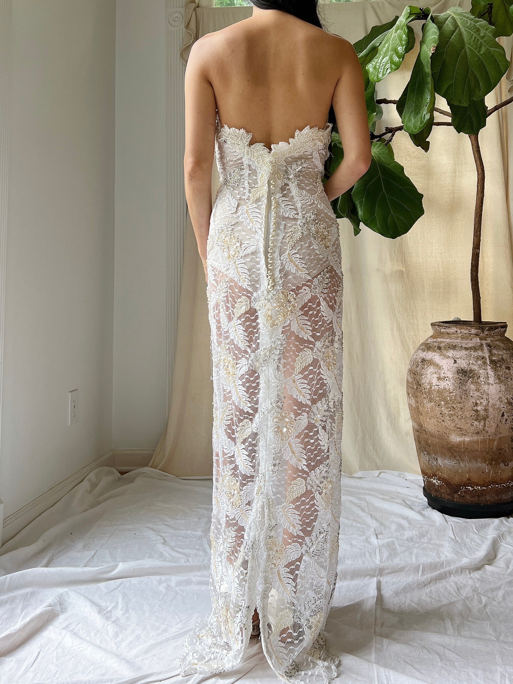 Vintage Strapless Beaded Lace Gown - M