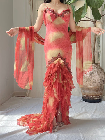 Vintage Silk Abstract Ruffle Dress - S
