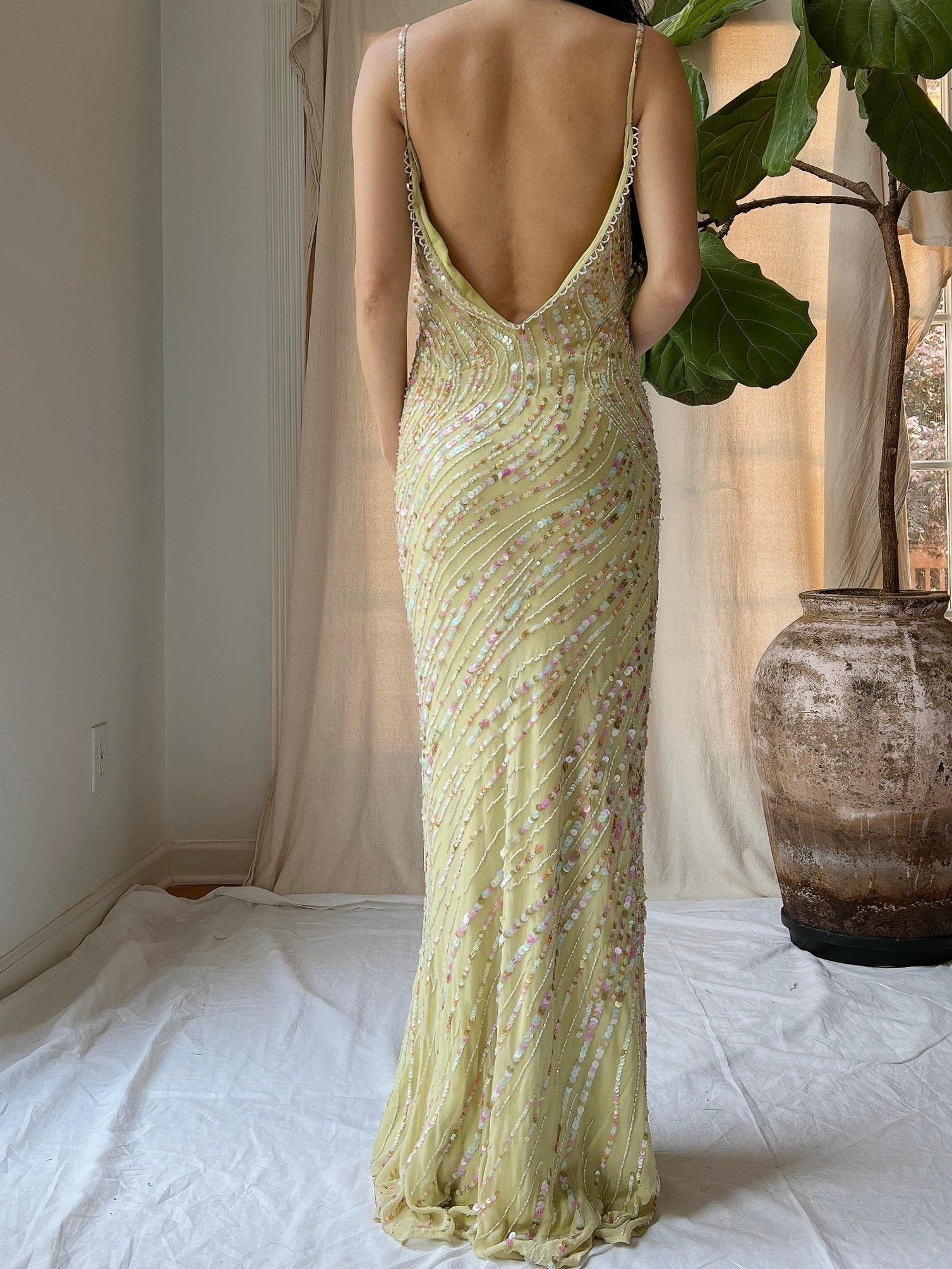 Vintage Chartreuse Silk Beaded Gown - M/L
