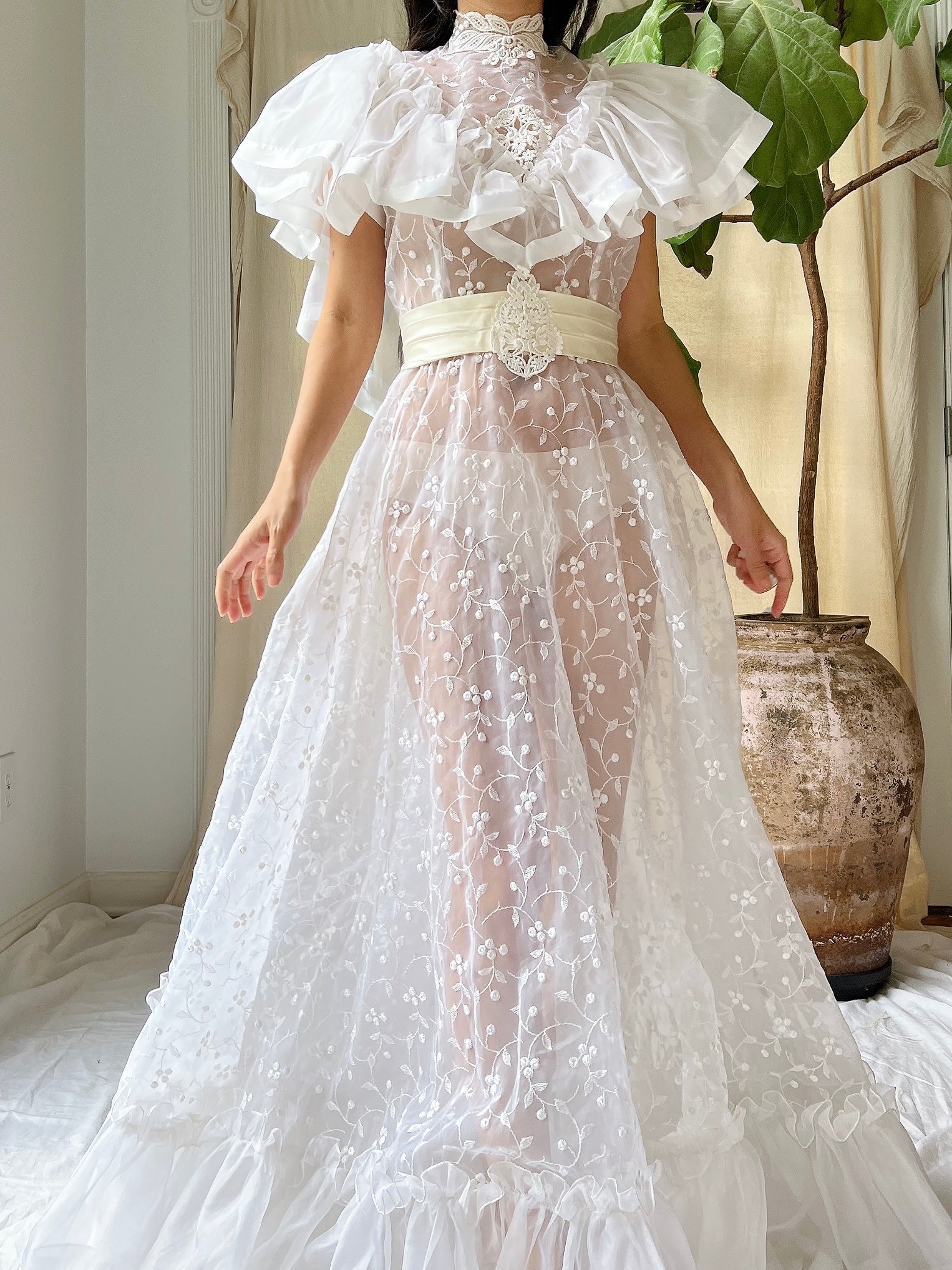 Vintage Ruffle Sheer Embroidered Dress - S