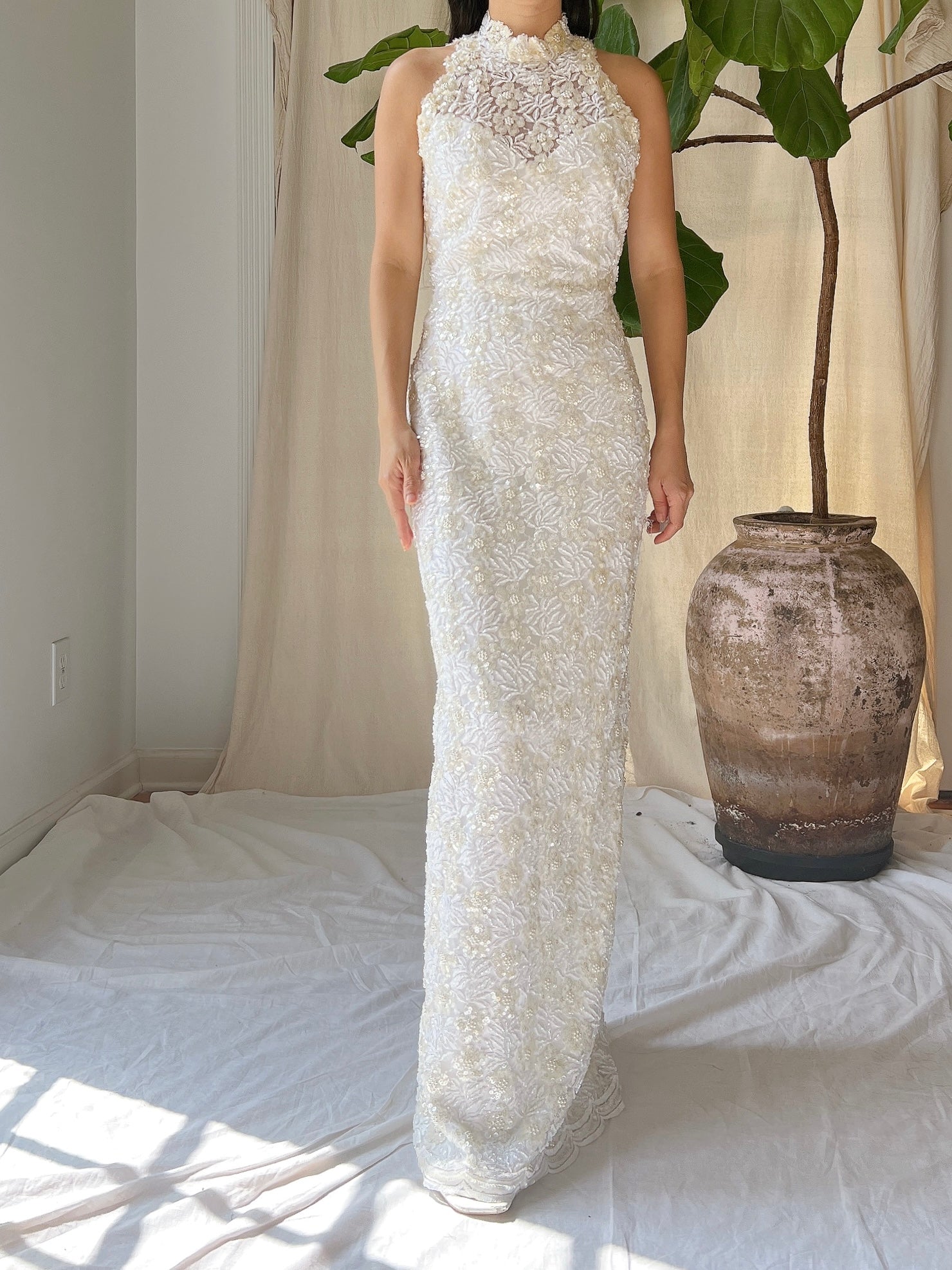 Vintage Ivory Lace Beaded Gown - XS
