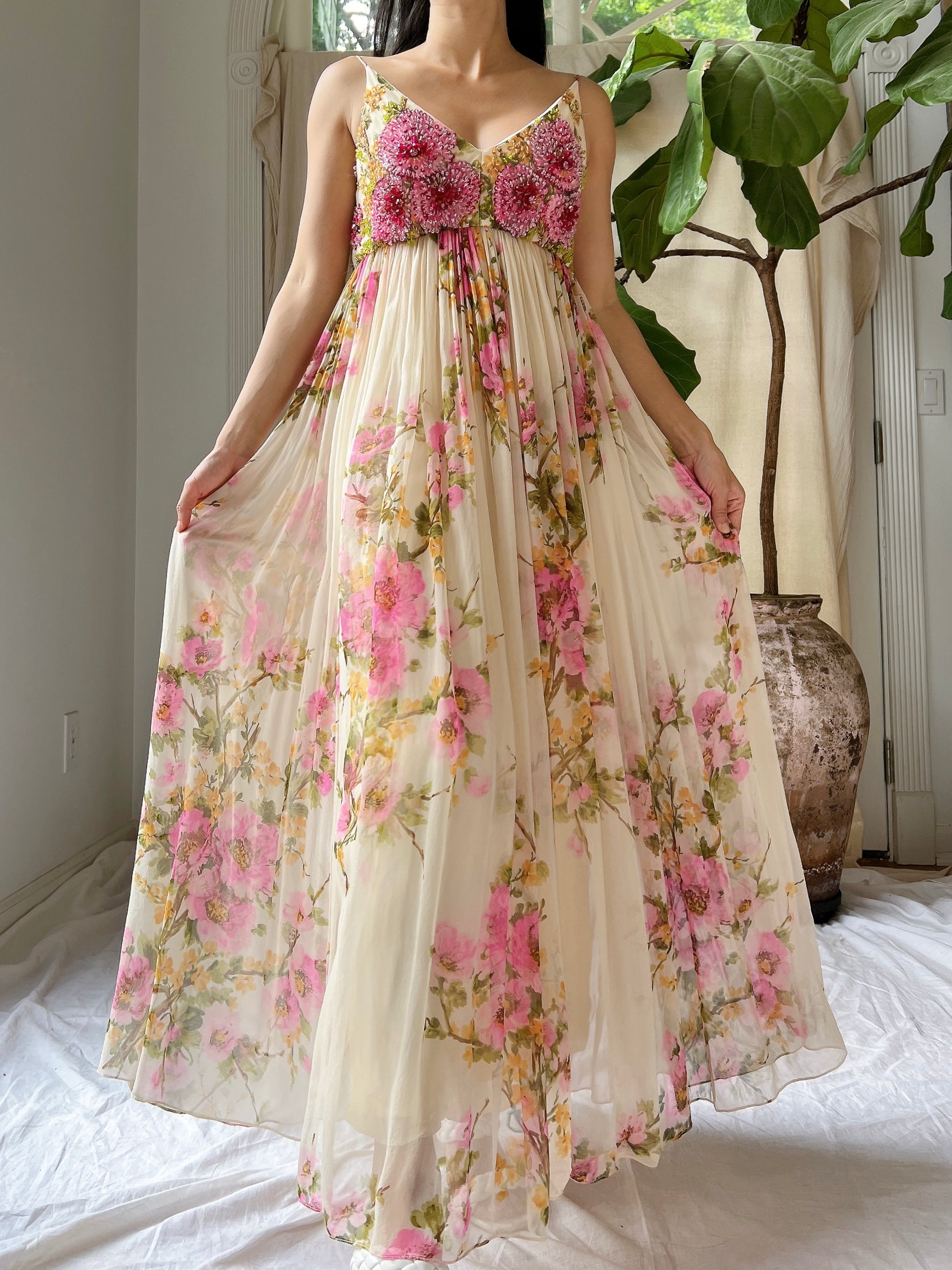 1960s Silk Floral Gown - S/M