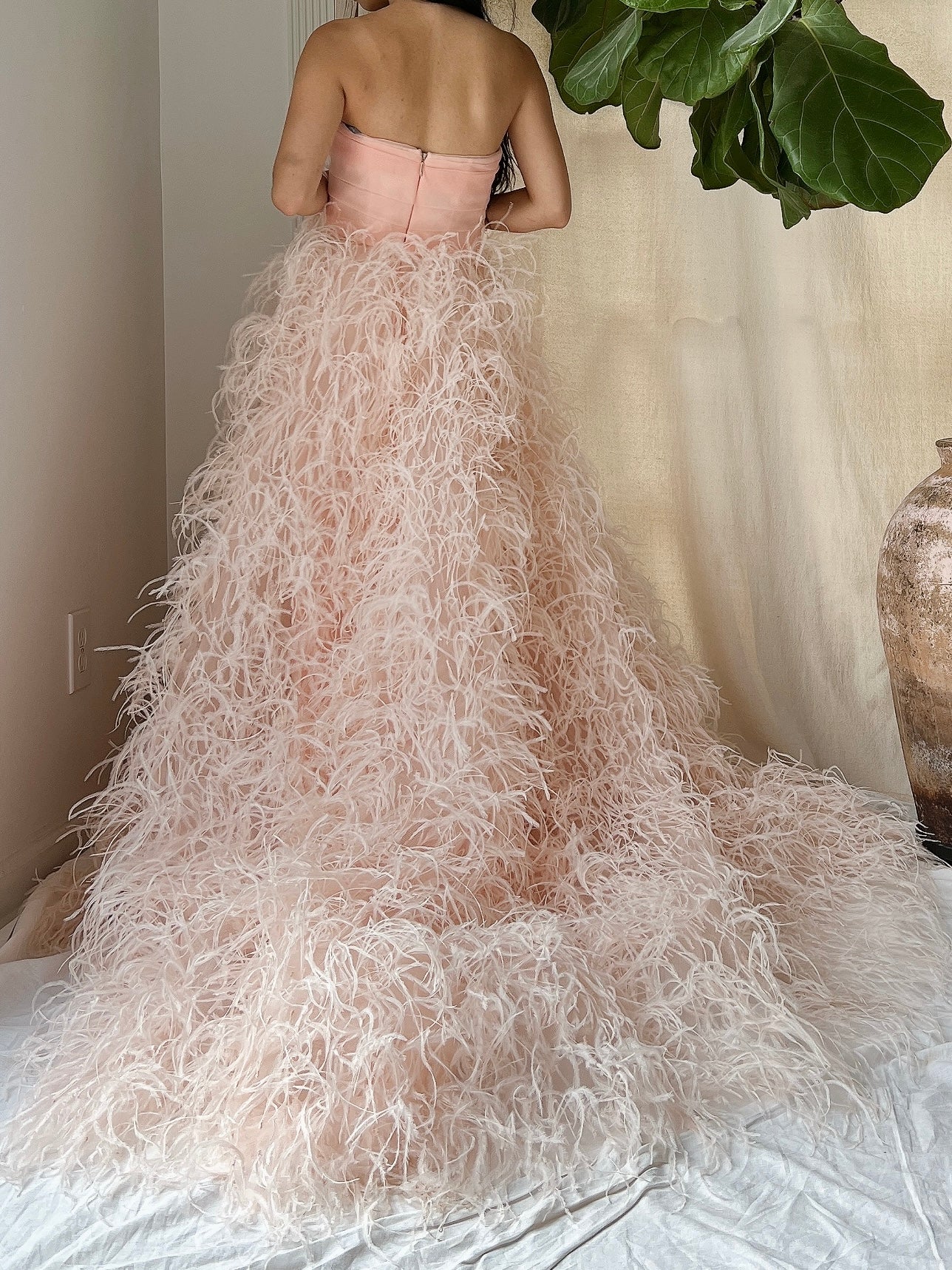 Monique Llhuilier Pink Silk Feather Gown - M/L 10