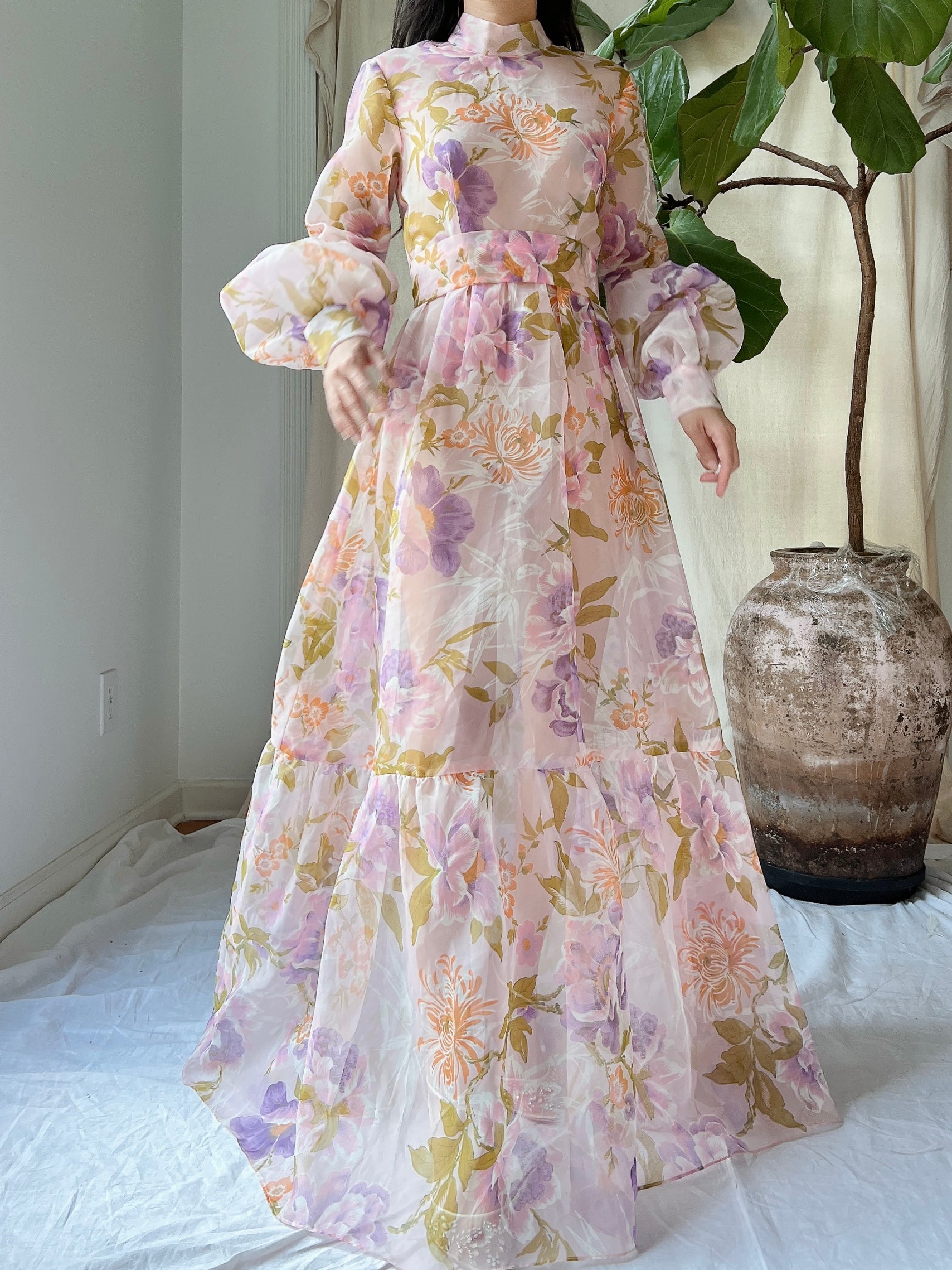 Vintage Juliet Sleeves Sheer Floral Voile Gown - S/M
