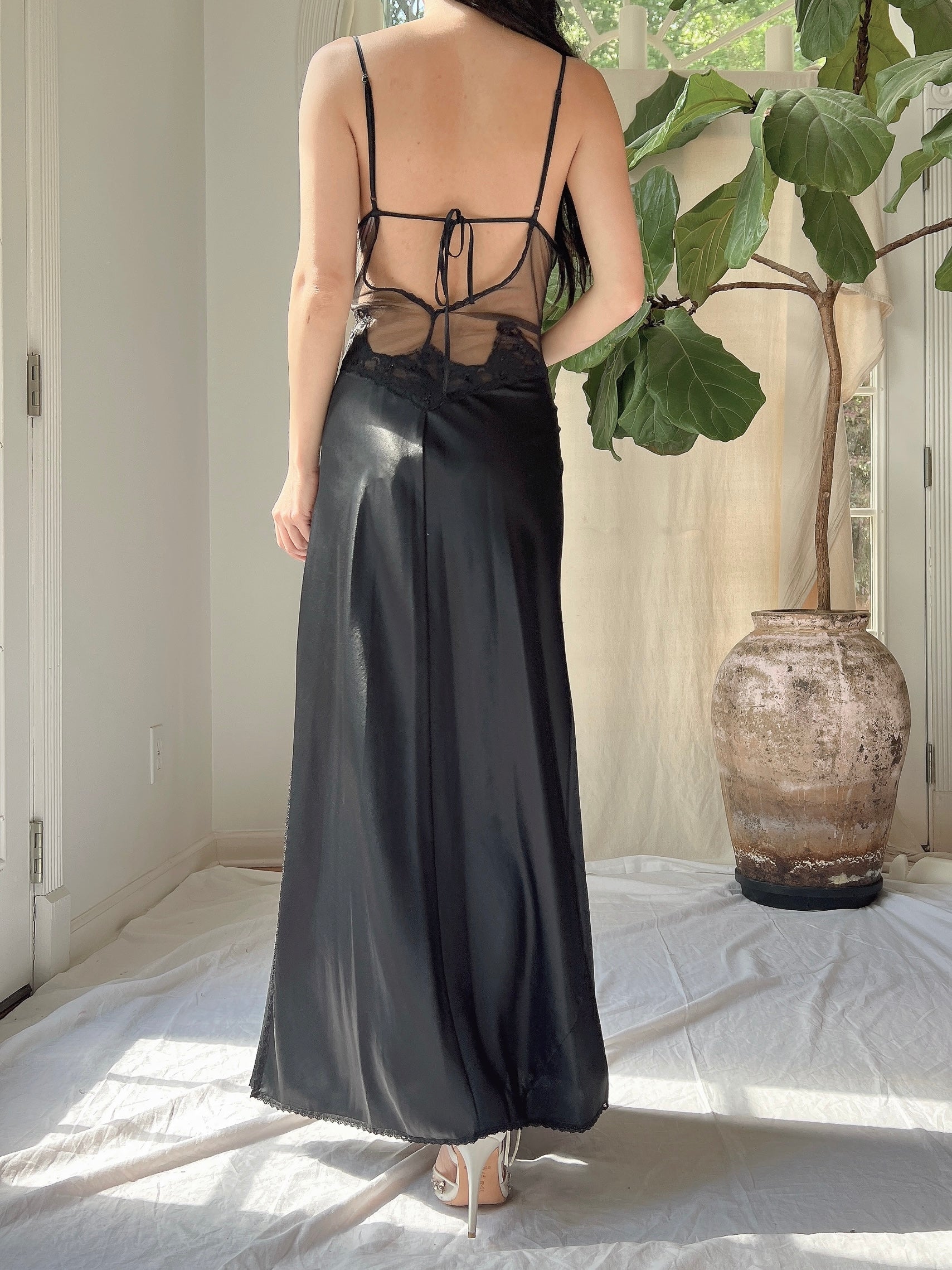 Vintage Black Satin Slip Dress - M