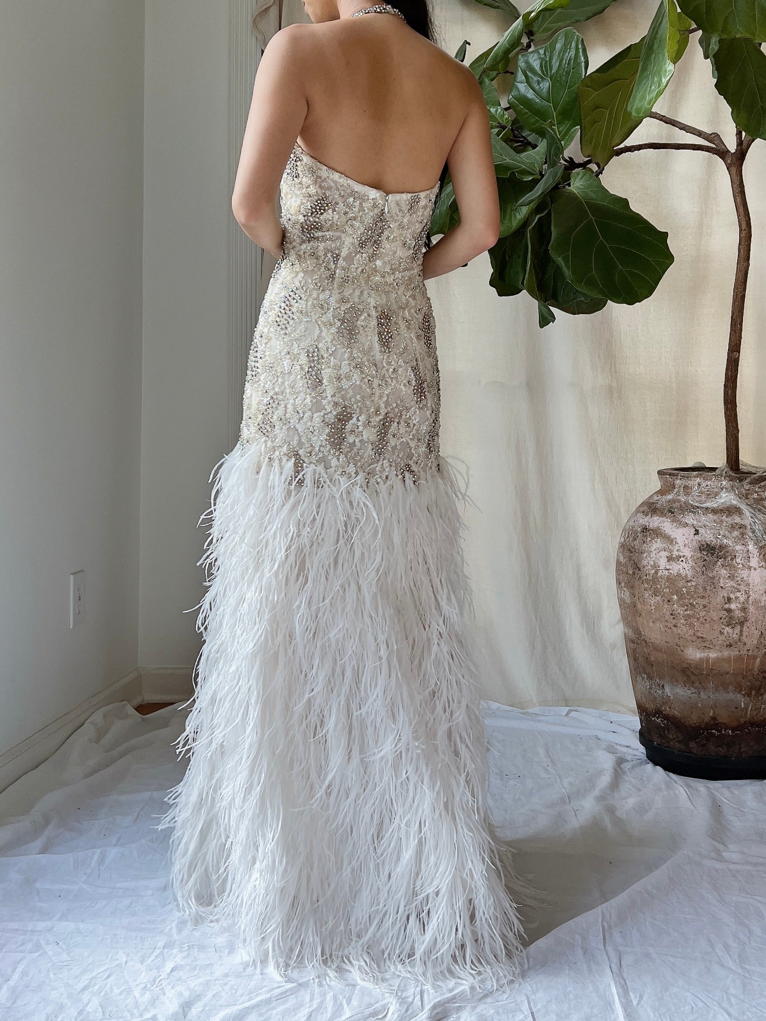 1990s Crystal Lace and Feather Gown - XS