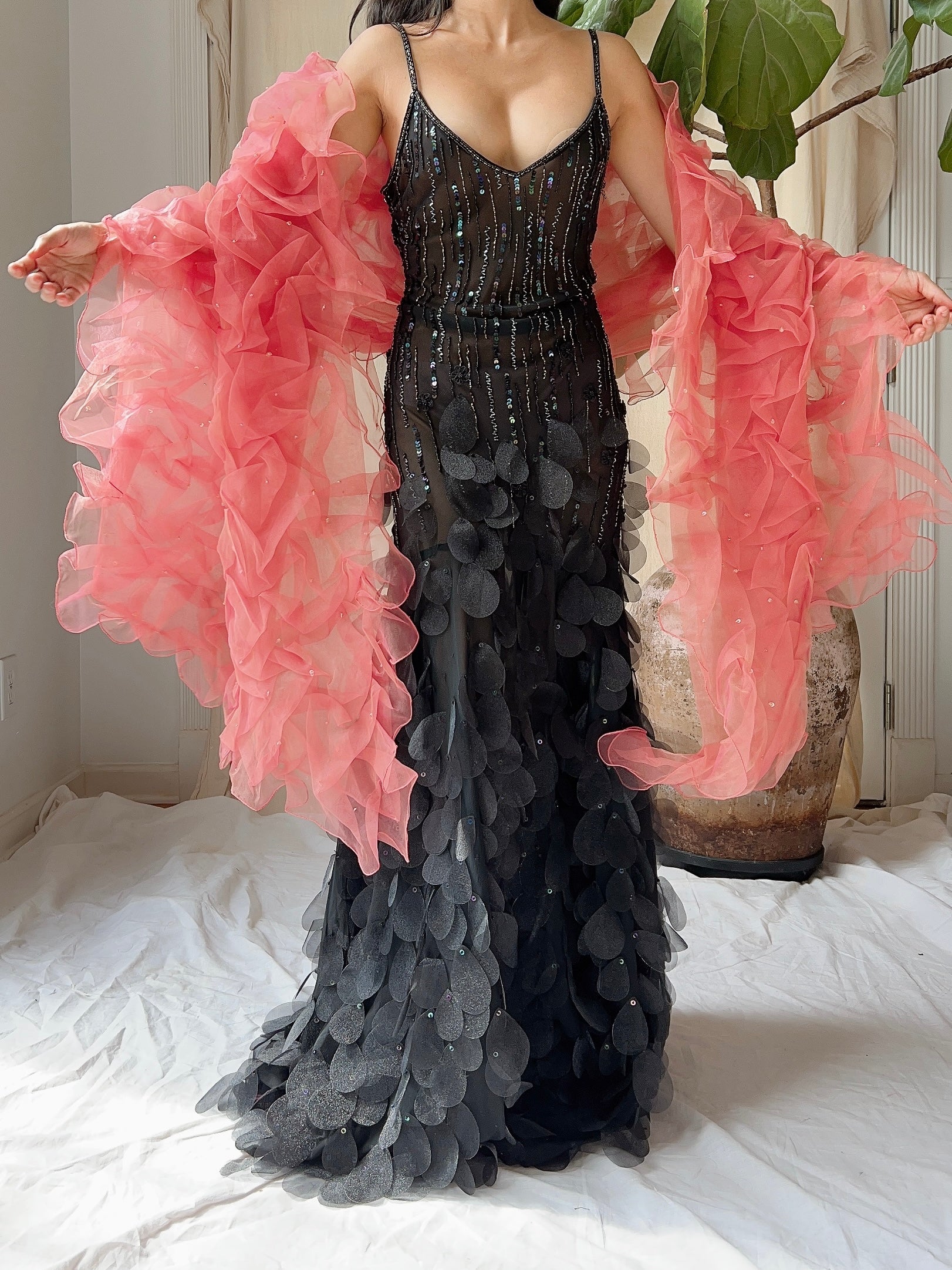 Vintage Organza Coral Ruche Shawl - OSFA