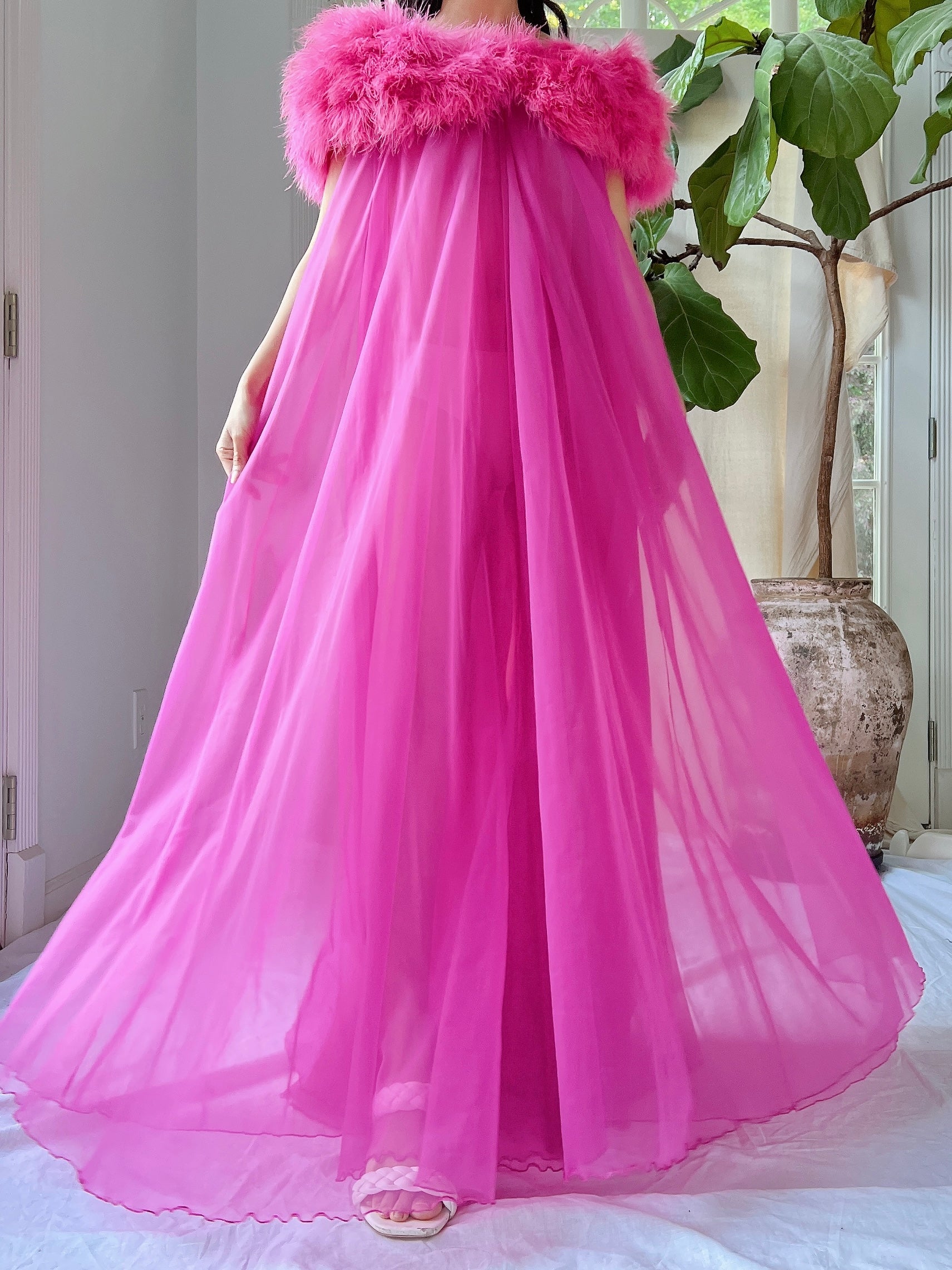 Vintage Feather Collar Nylon Dressing Gown - OSFM