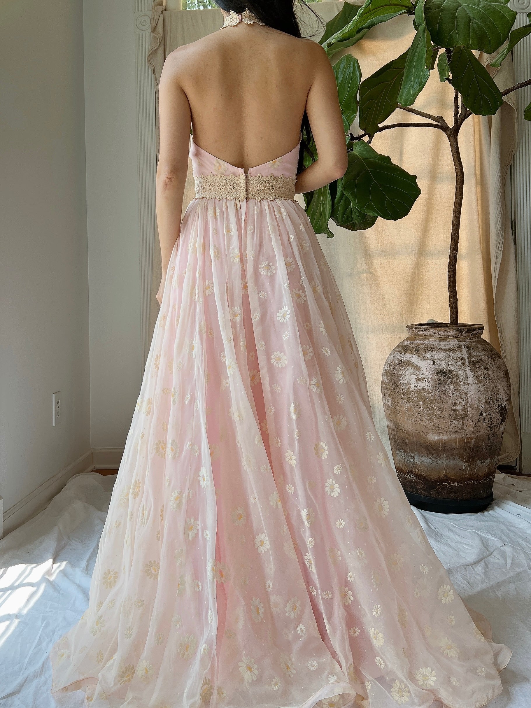 Vintage Daisy Floral Halter Gown - XS