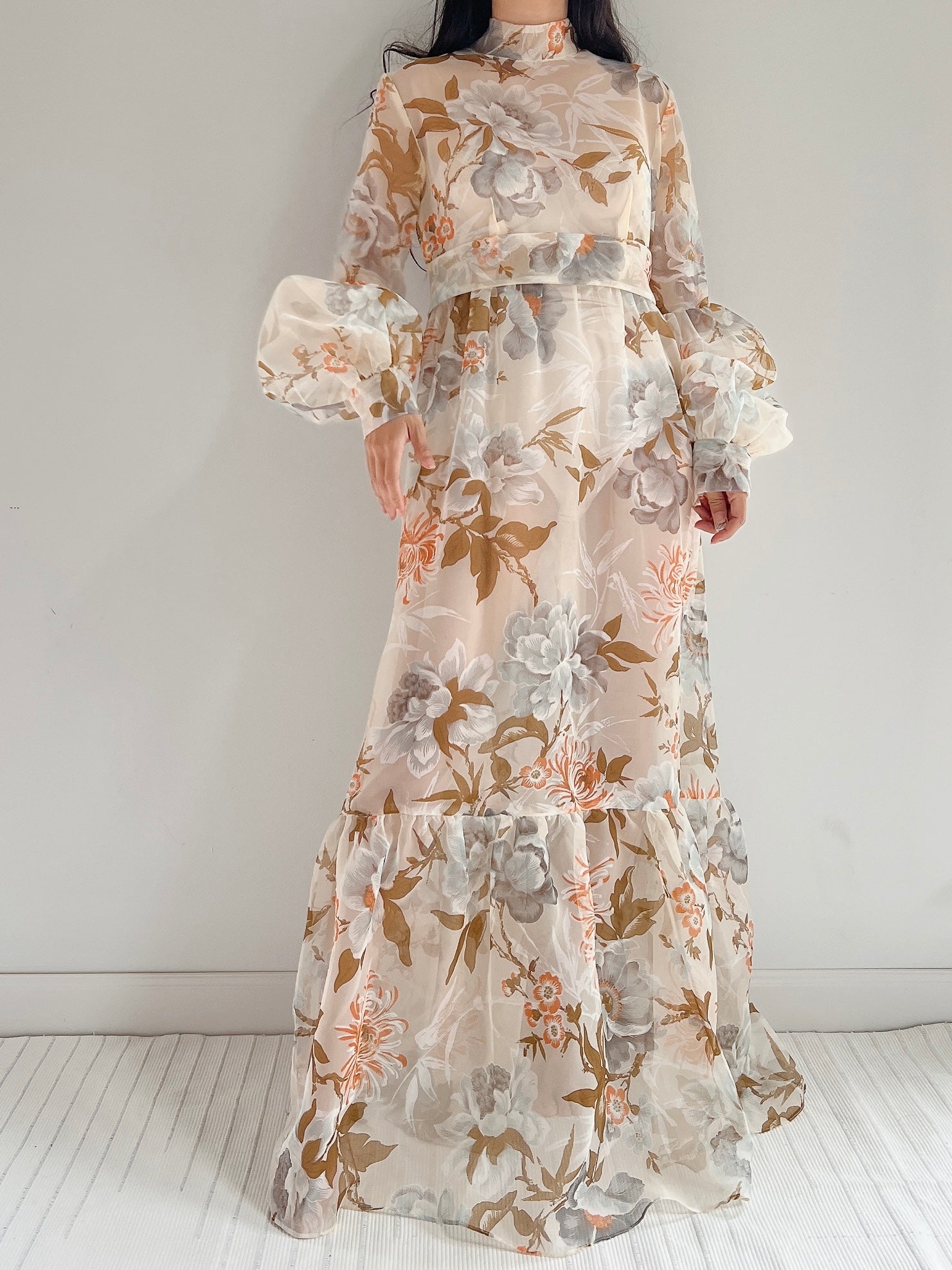 Vintage Sheer Voile Floral Gown - L