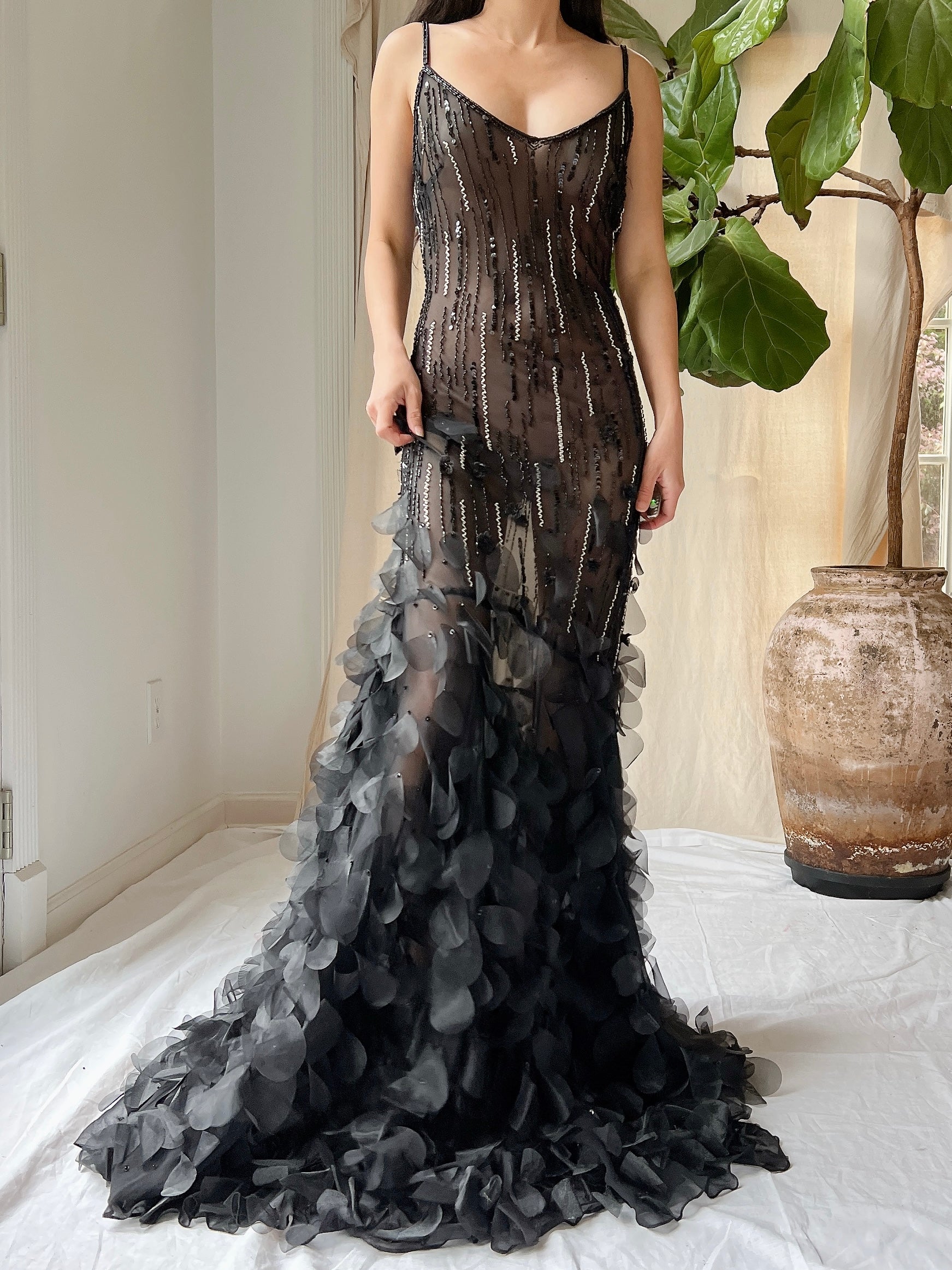 Vintage Silk Beaded Petal Dress - S-M