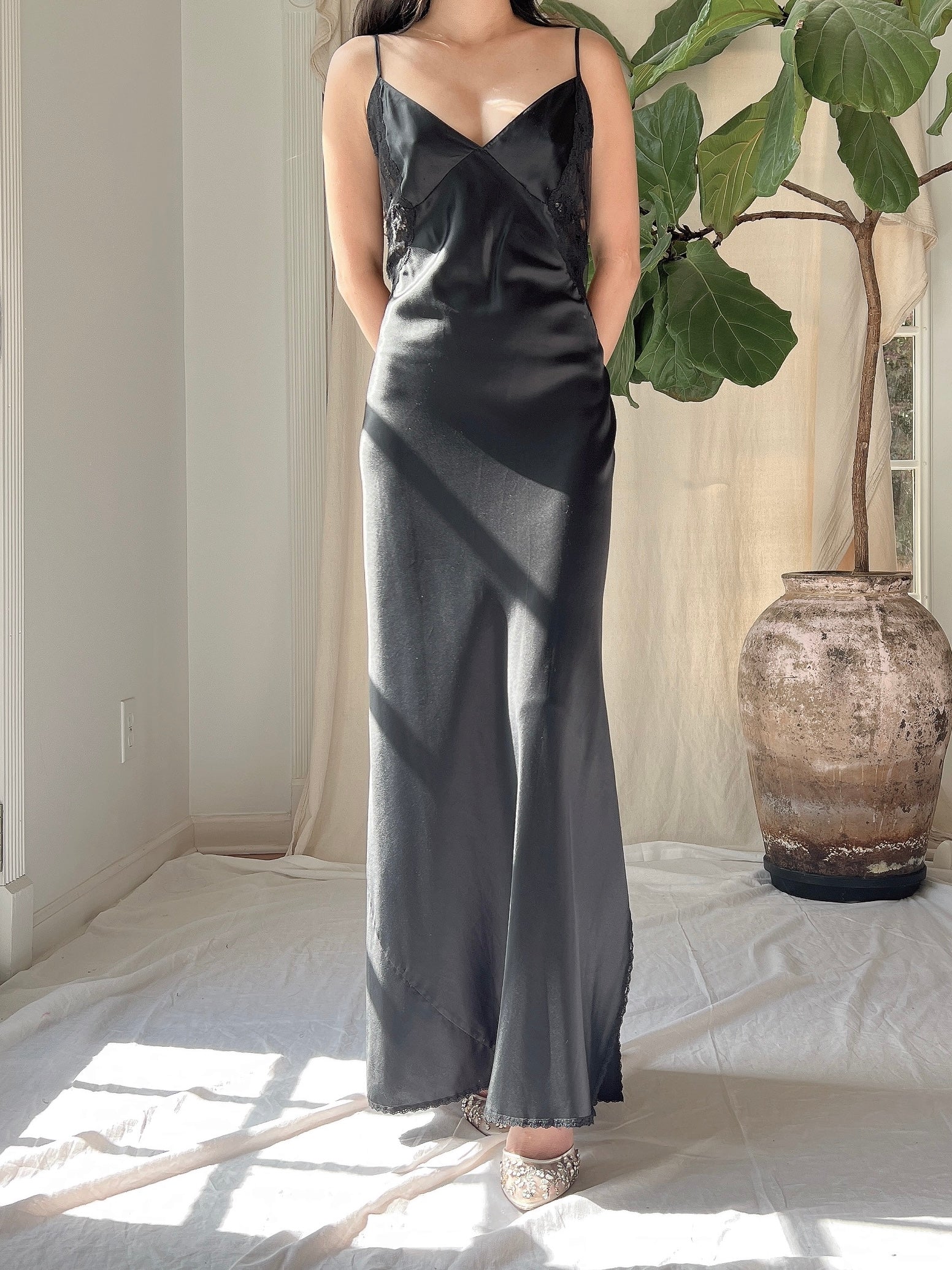 Vintage Black Satin Slip Dress - M