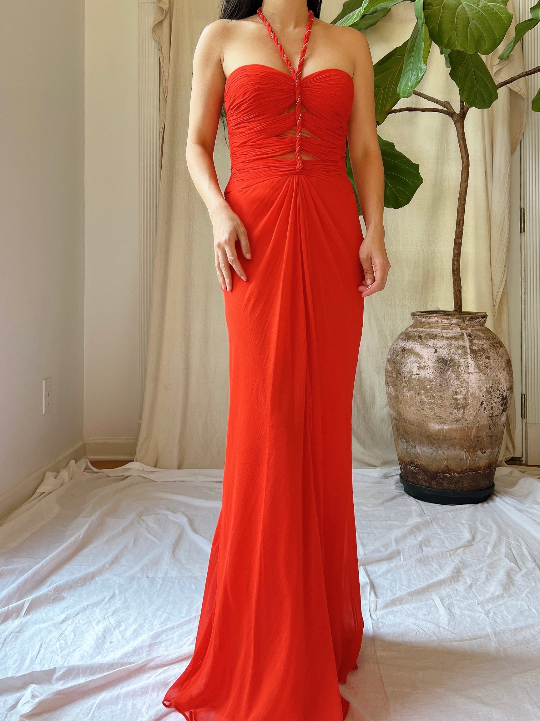 Vintage Silk Coral Cutout Bodice Gown - XS