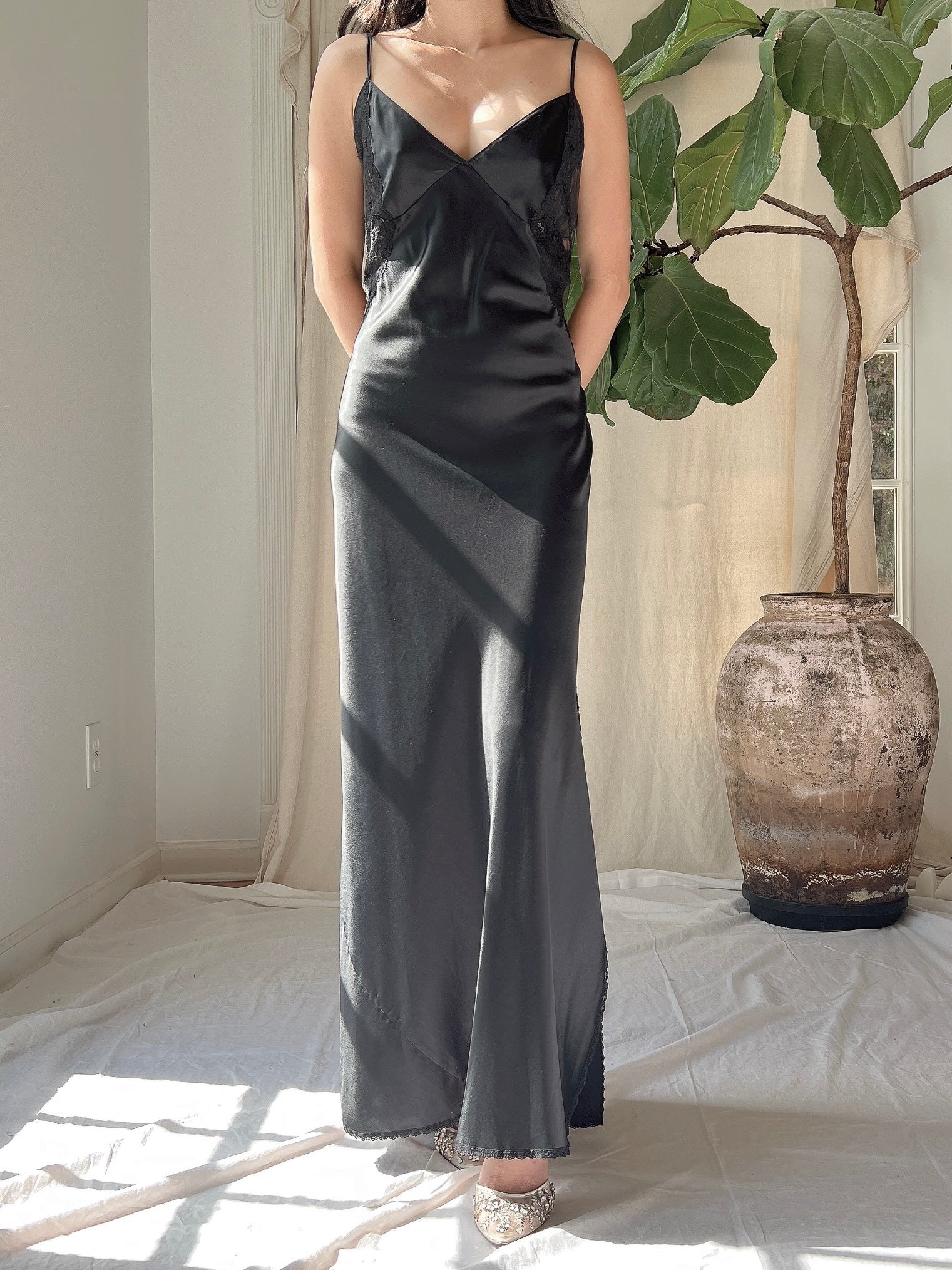 Vintage Black Satin Slip Dress - M