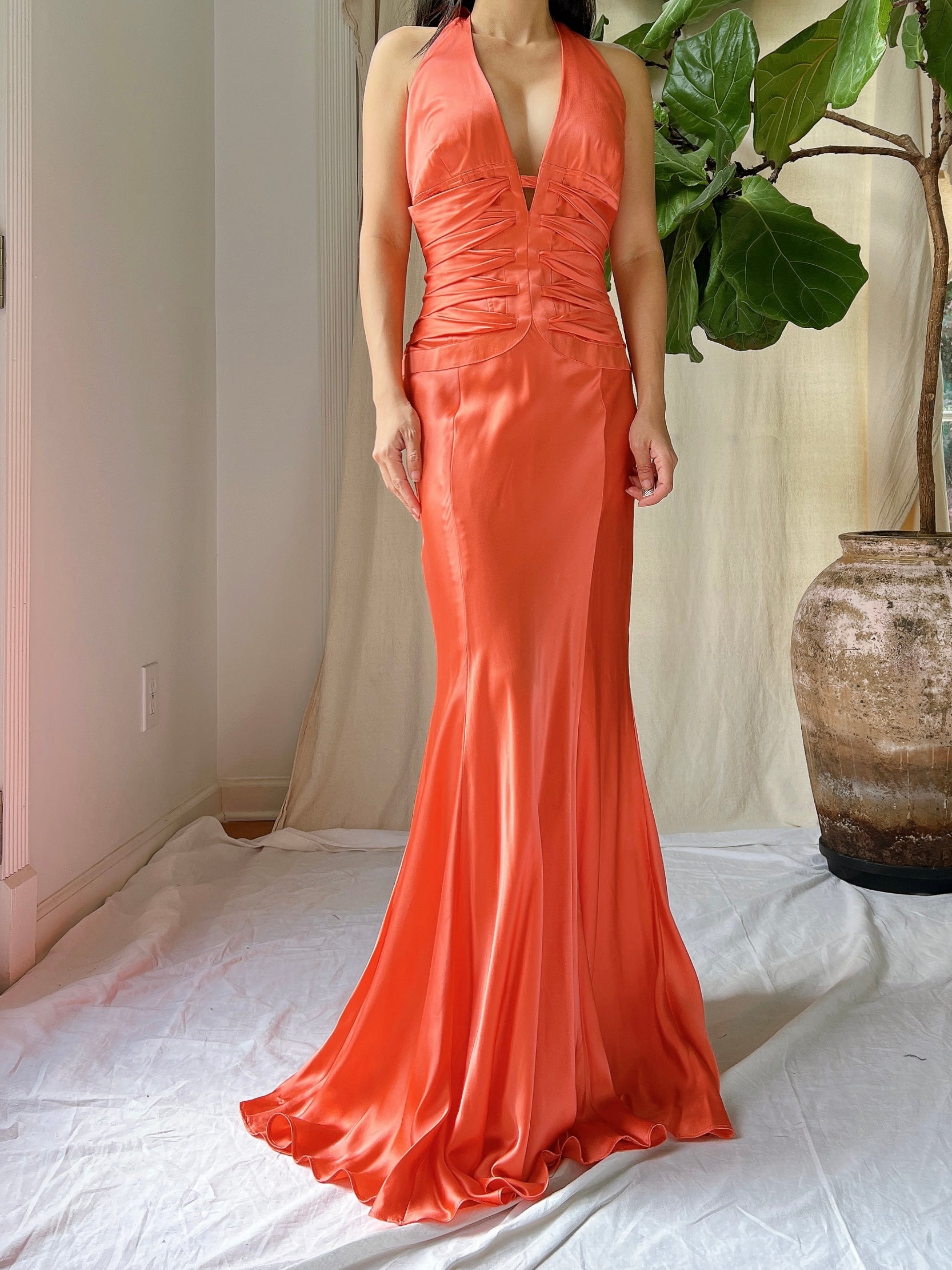 Vintage Silk Coral Plunge Gown - M
