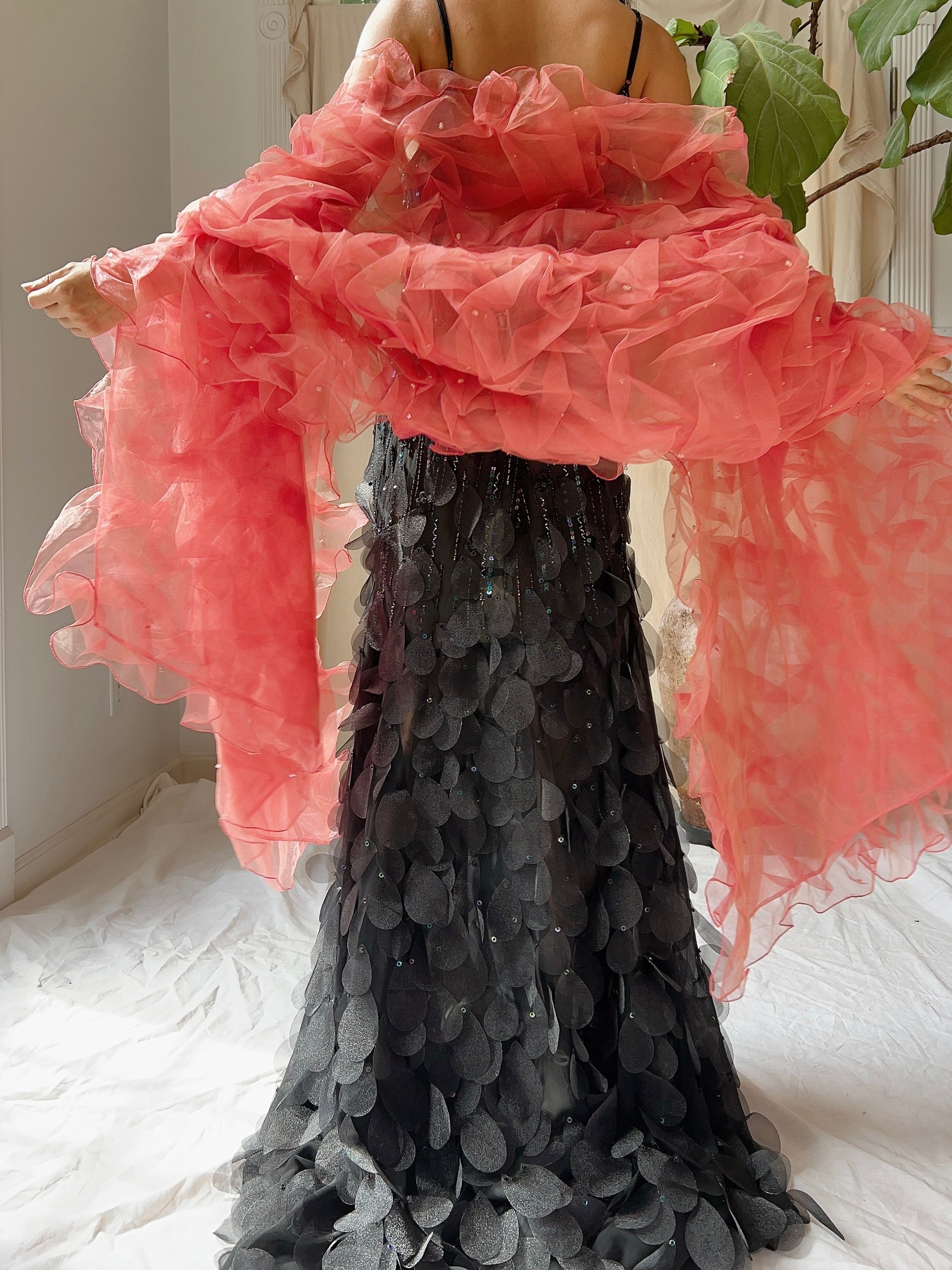 Vintage Organza Coral Ruche Shawl - OSFA