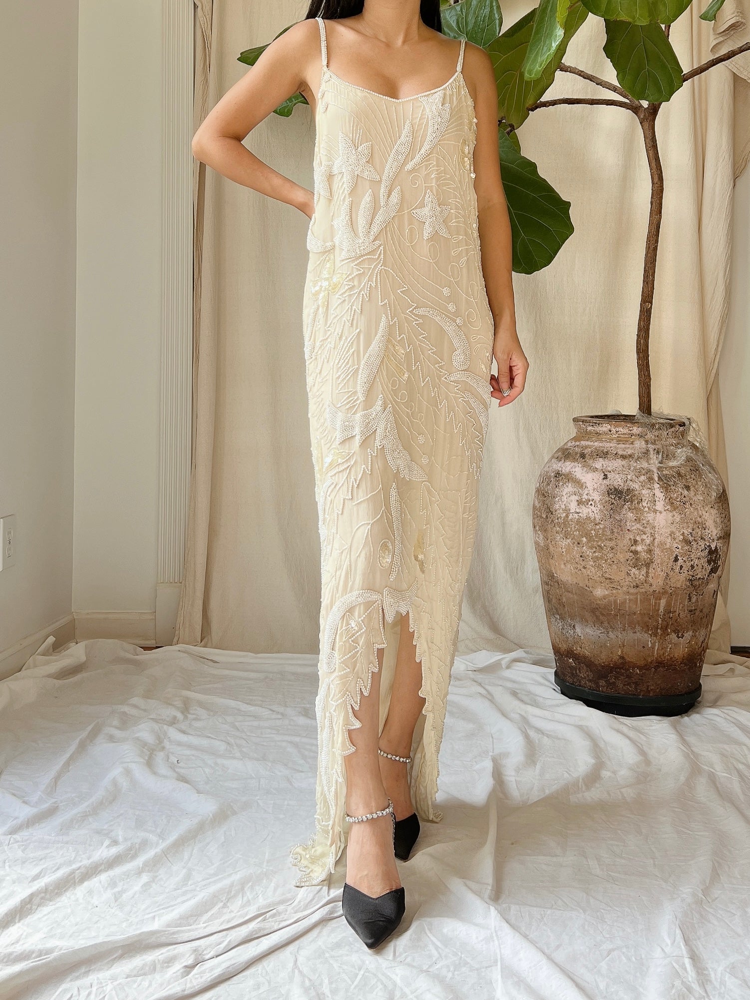 Vintage Stars Silk Beaded Hi-Low Dress - M