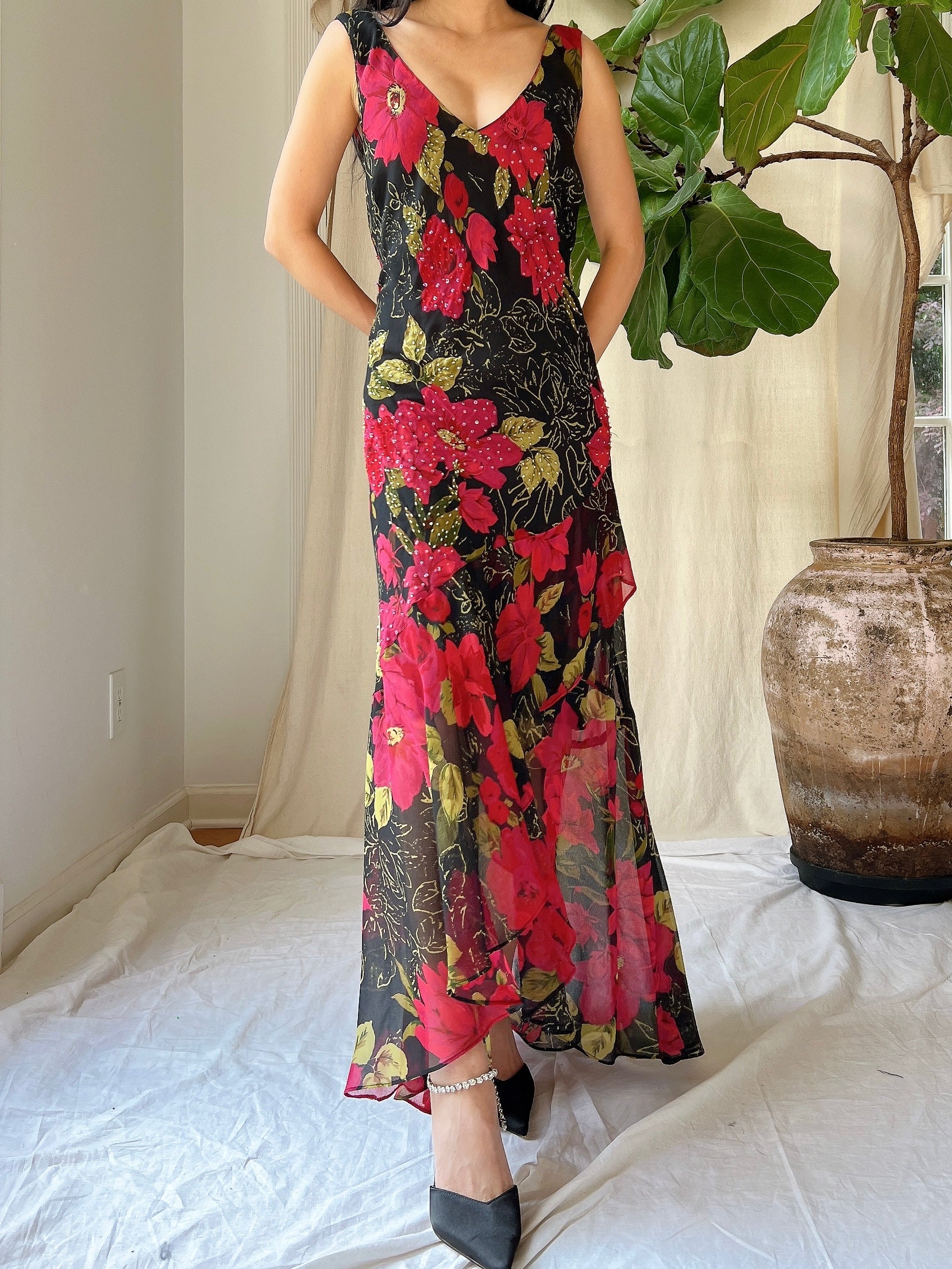 1980s Silk Chiffon Floral Dress - M