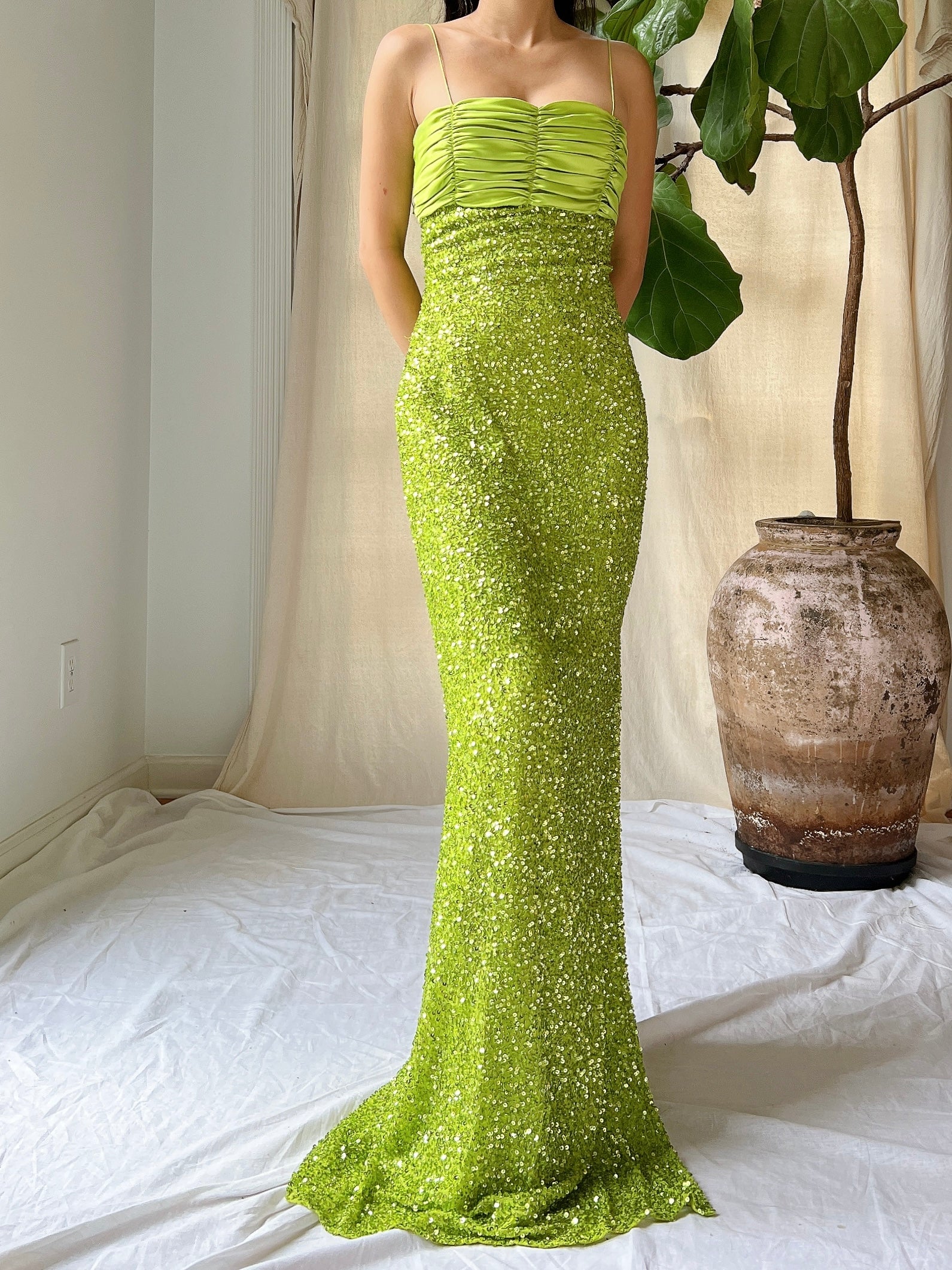 1990s Lime Green Sequins Gown - XS
