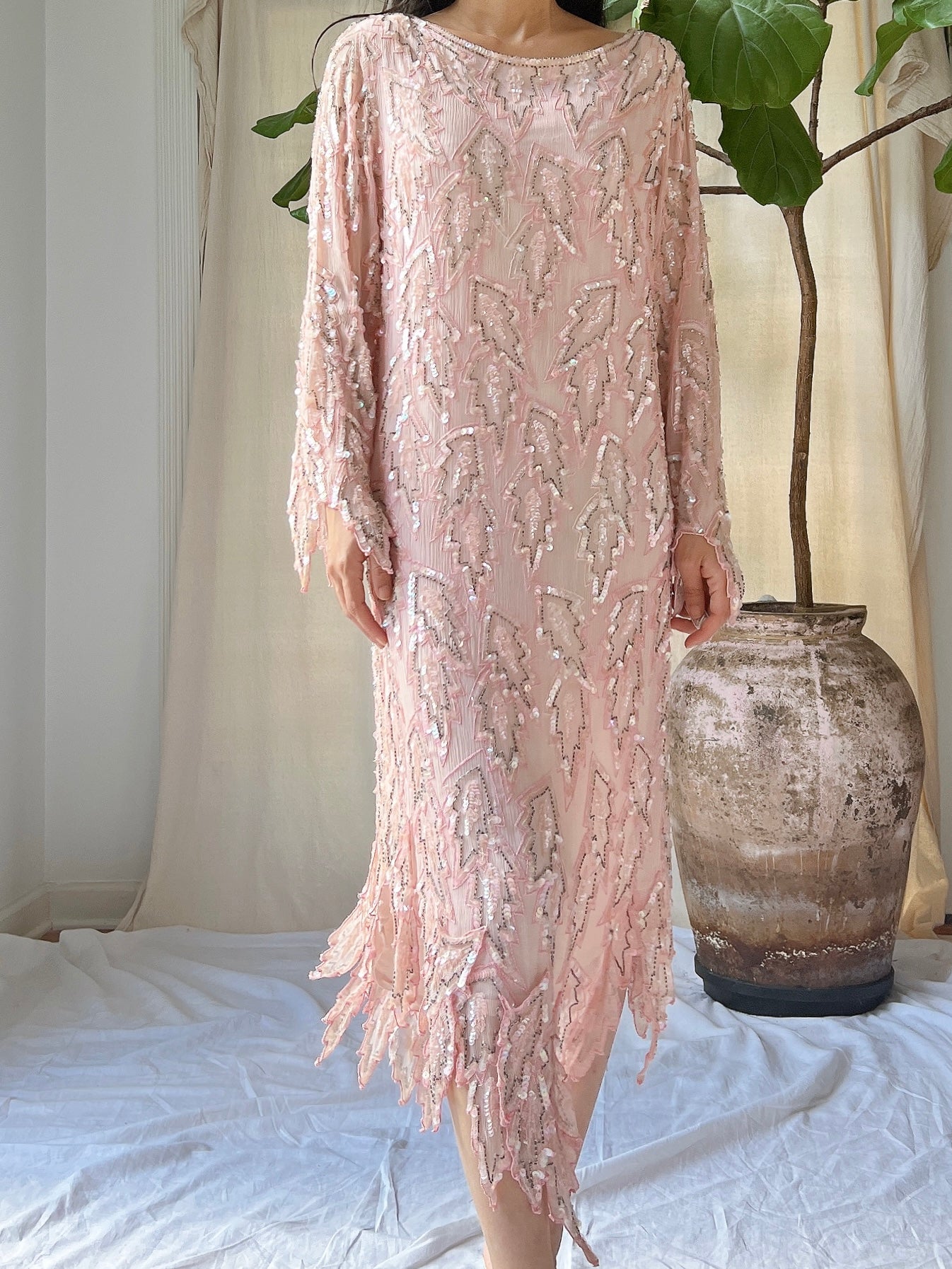 1980s Silk Pink Leaf Dress - M