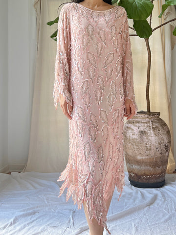 1980s Silk Pink Leaf Dress - M
