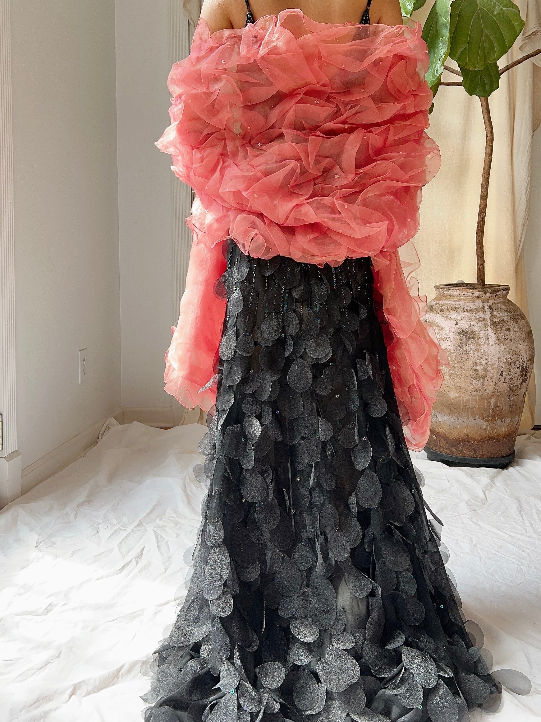 Vintage Organza Coral Ruche Shawl - OSFA