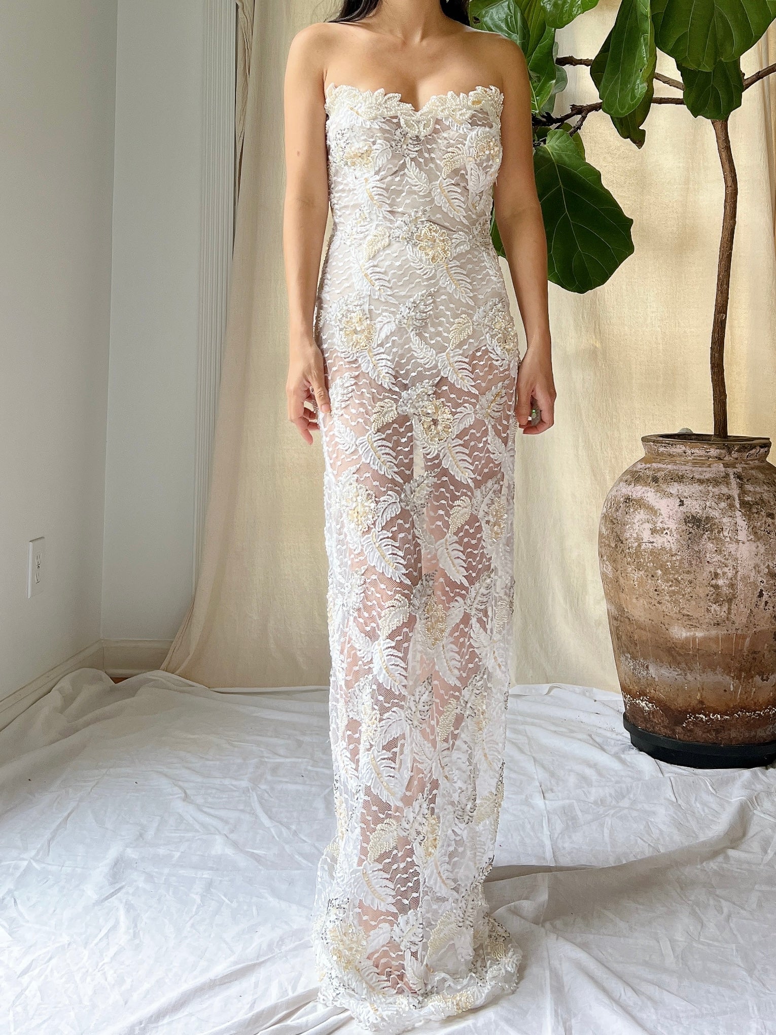 Vintage Strapless Beaded Lace Gown - M