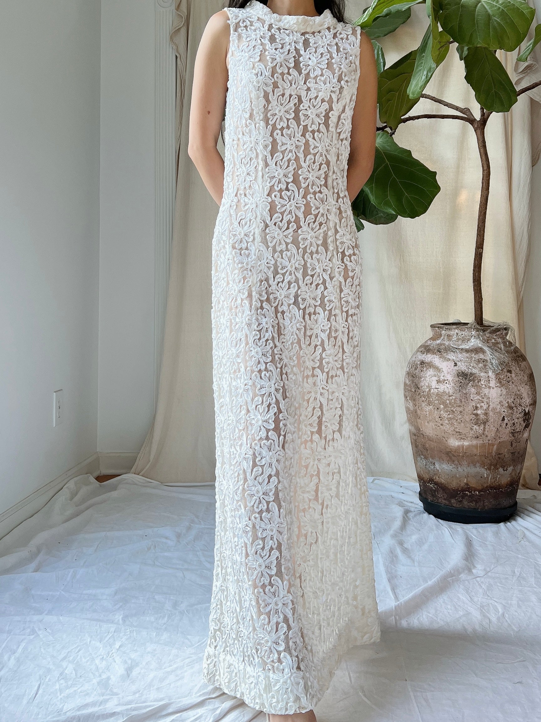 1960s Sheer Soutache Floral Dress - M