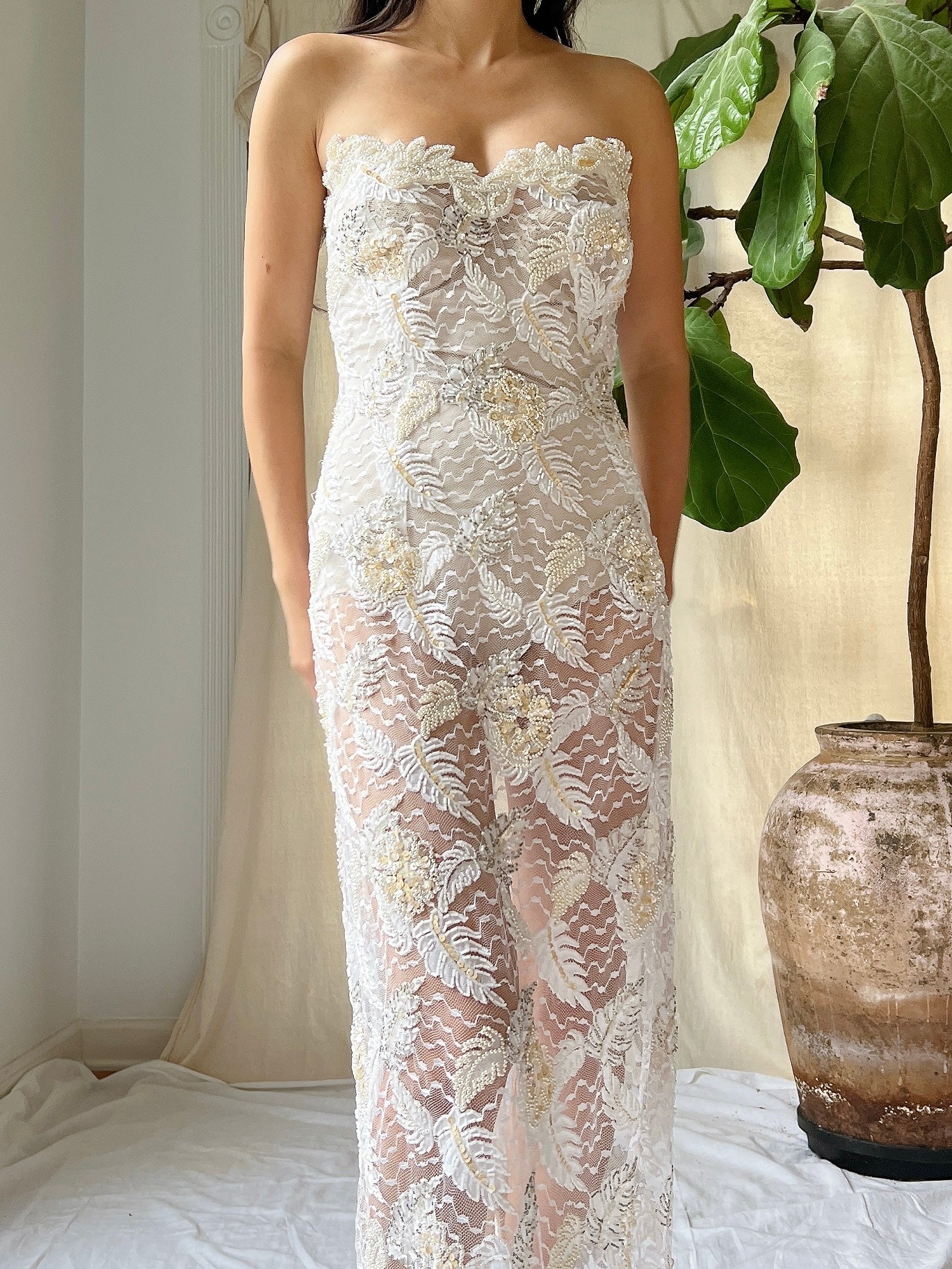 Vintage Strapless Beaded Lace Gown - M