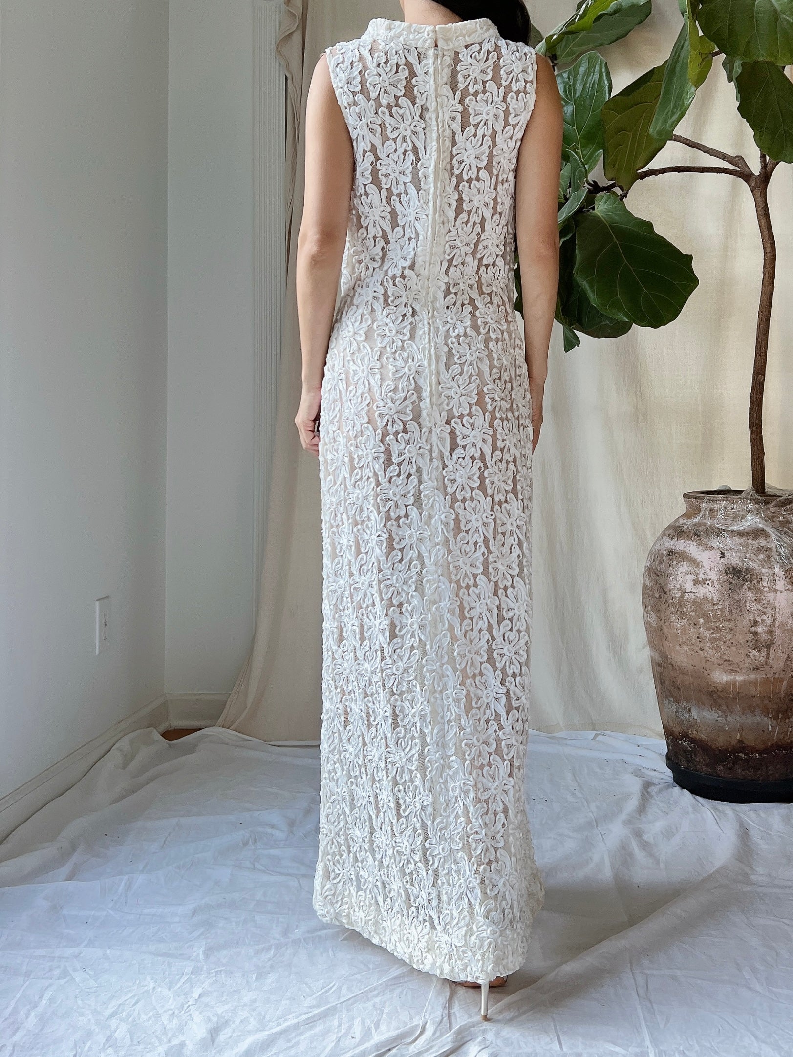 1960s Sheer Soutache Floral Dress - M