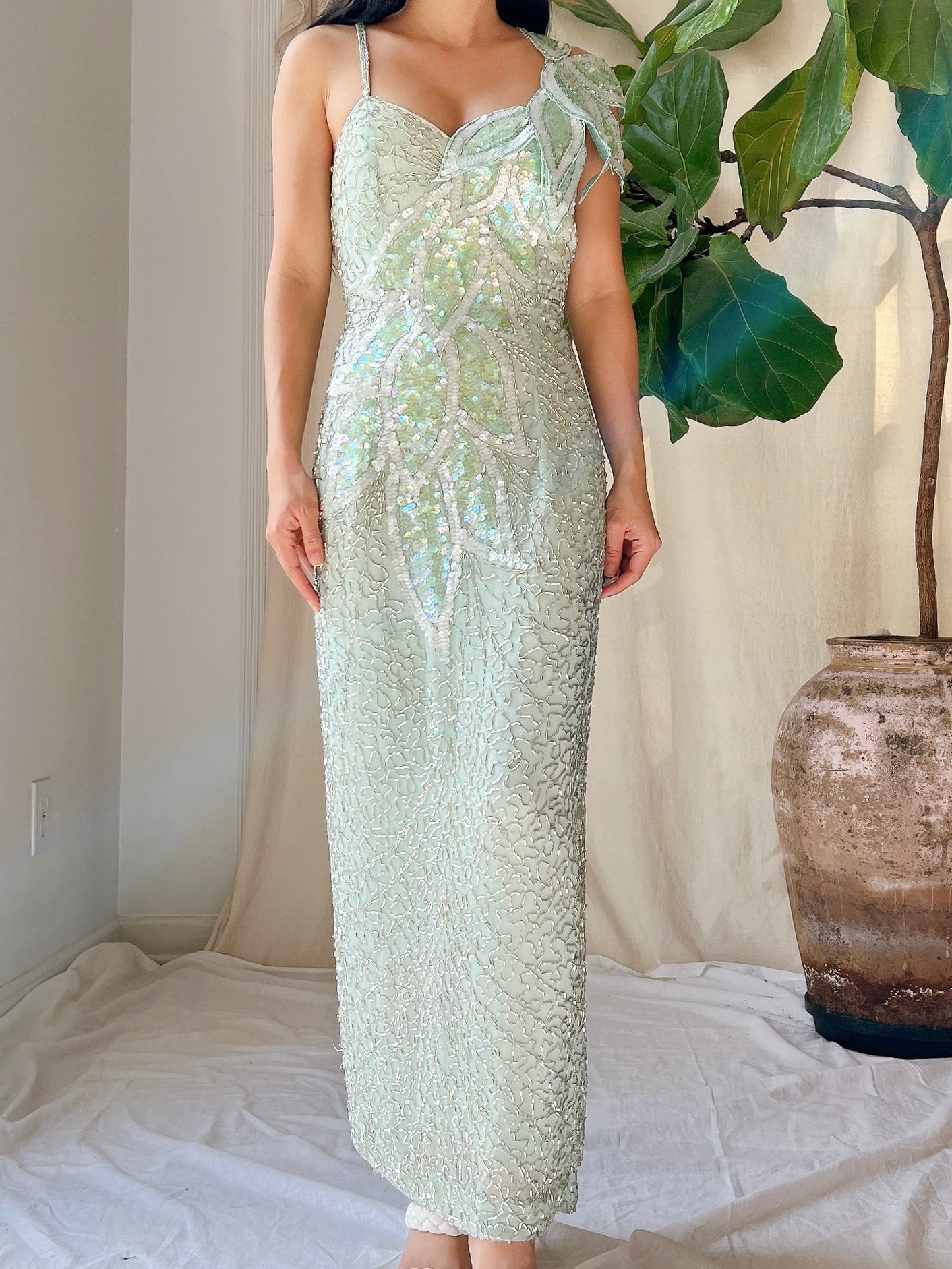 Vintage Seafoam Silk Beaded Dress - S/M