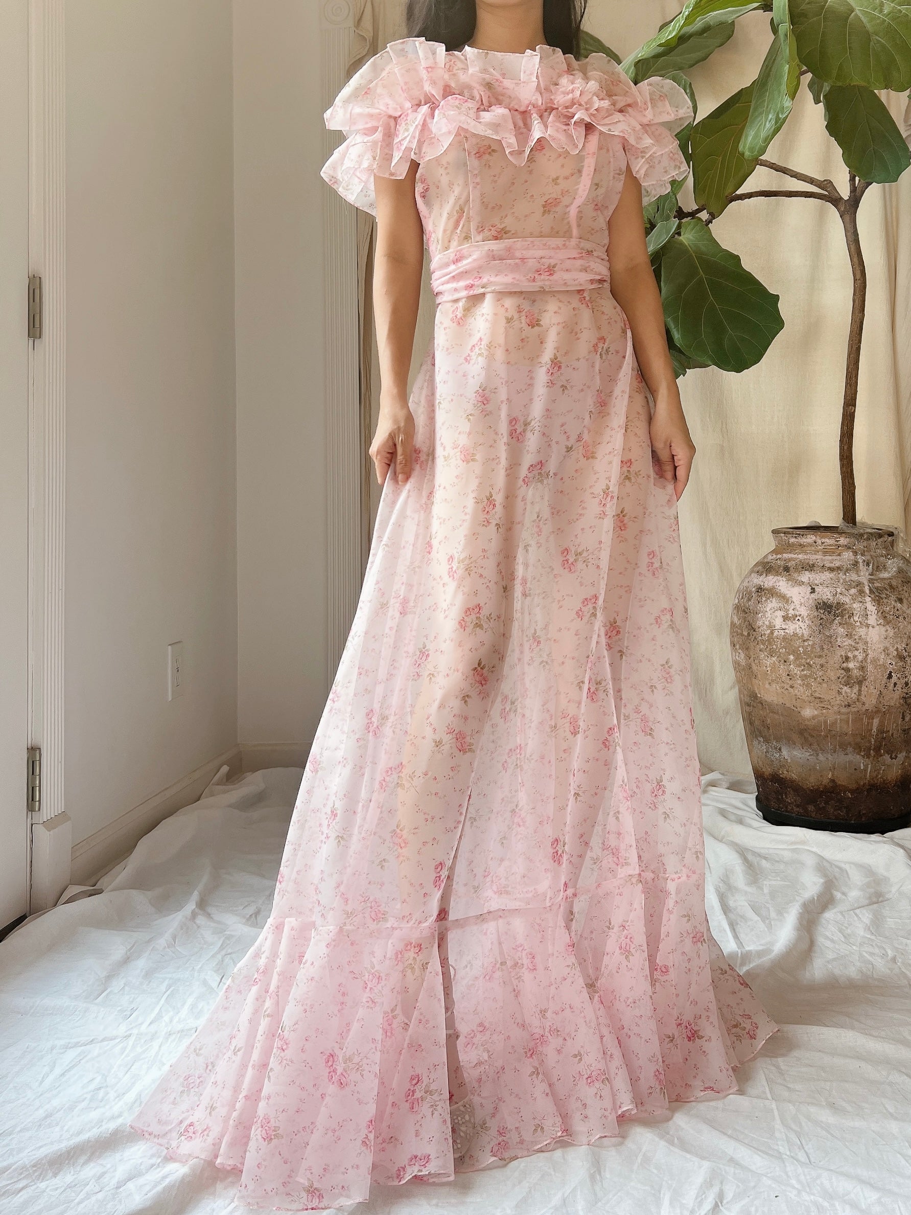 Vintage Floral Print Elastic Off-the-Shoulder Dress - XS/S