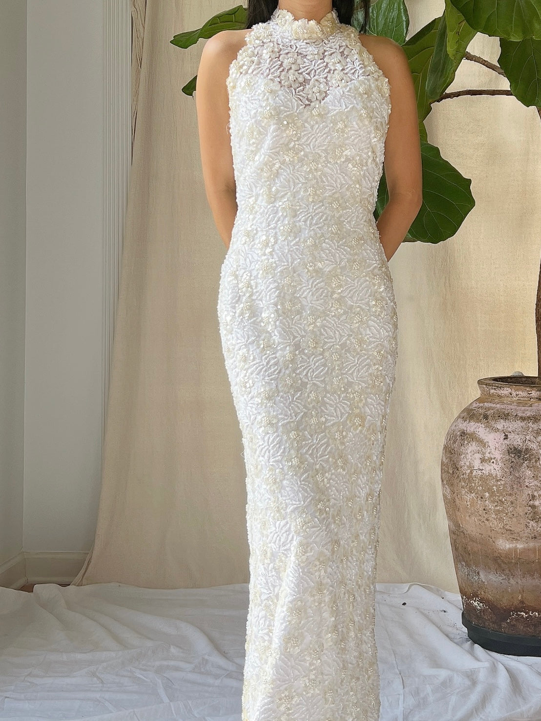 Vintage Ivory Lace Beaded Gown - XS