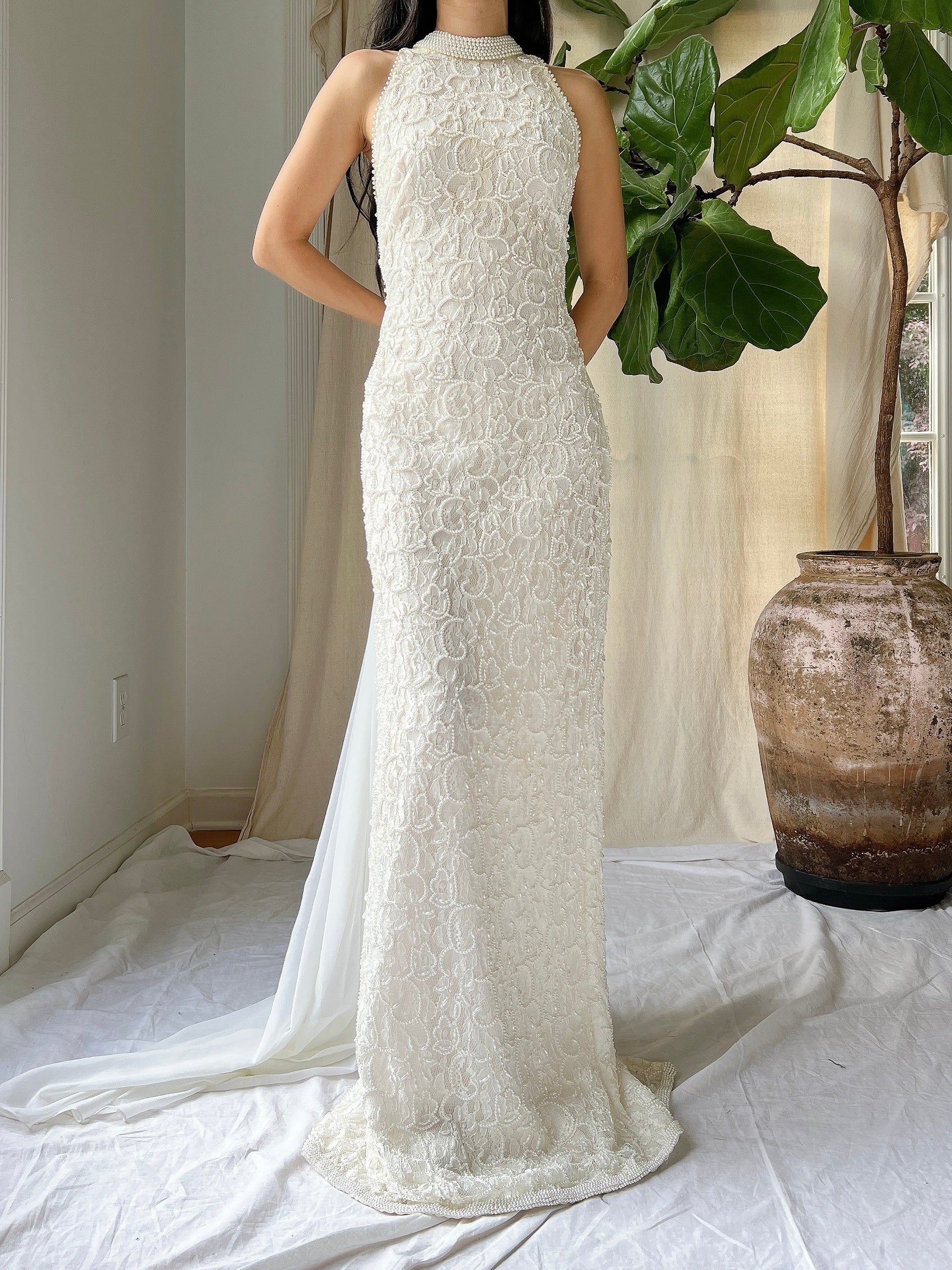 Vintage Lace Pearl Beaded Halter Dress - M
