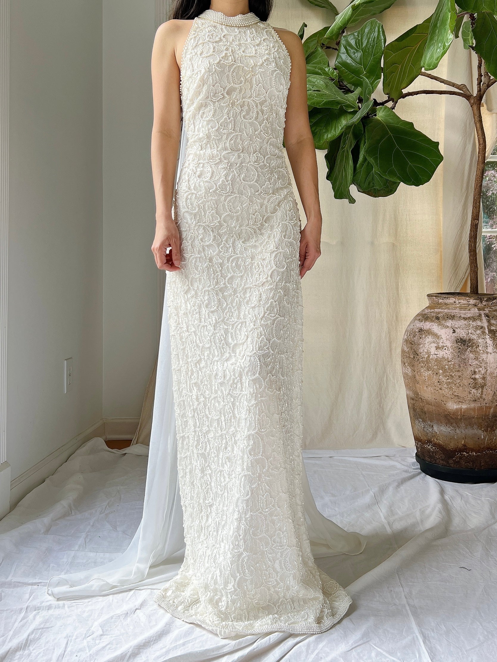 Vintage Lace Pearl Beaded Halter Dress - M