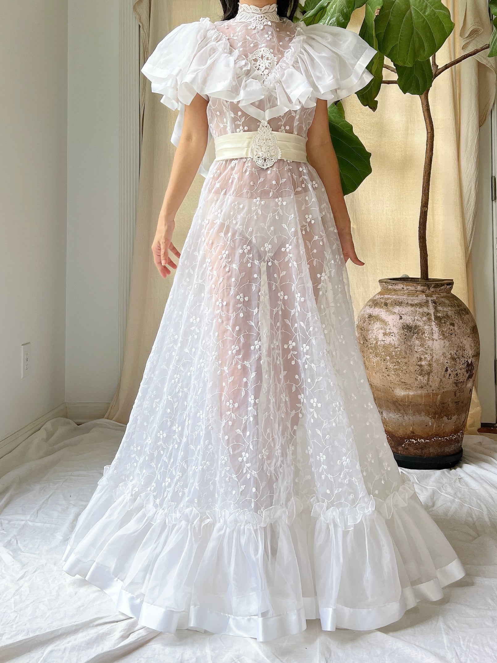 Vintage Ruffle Sheer Embroidered Dress - S