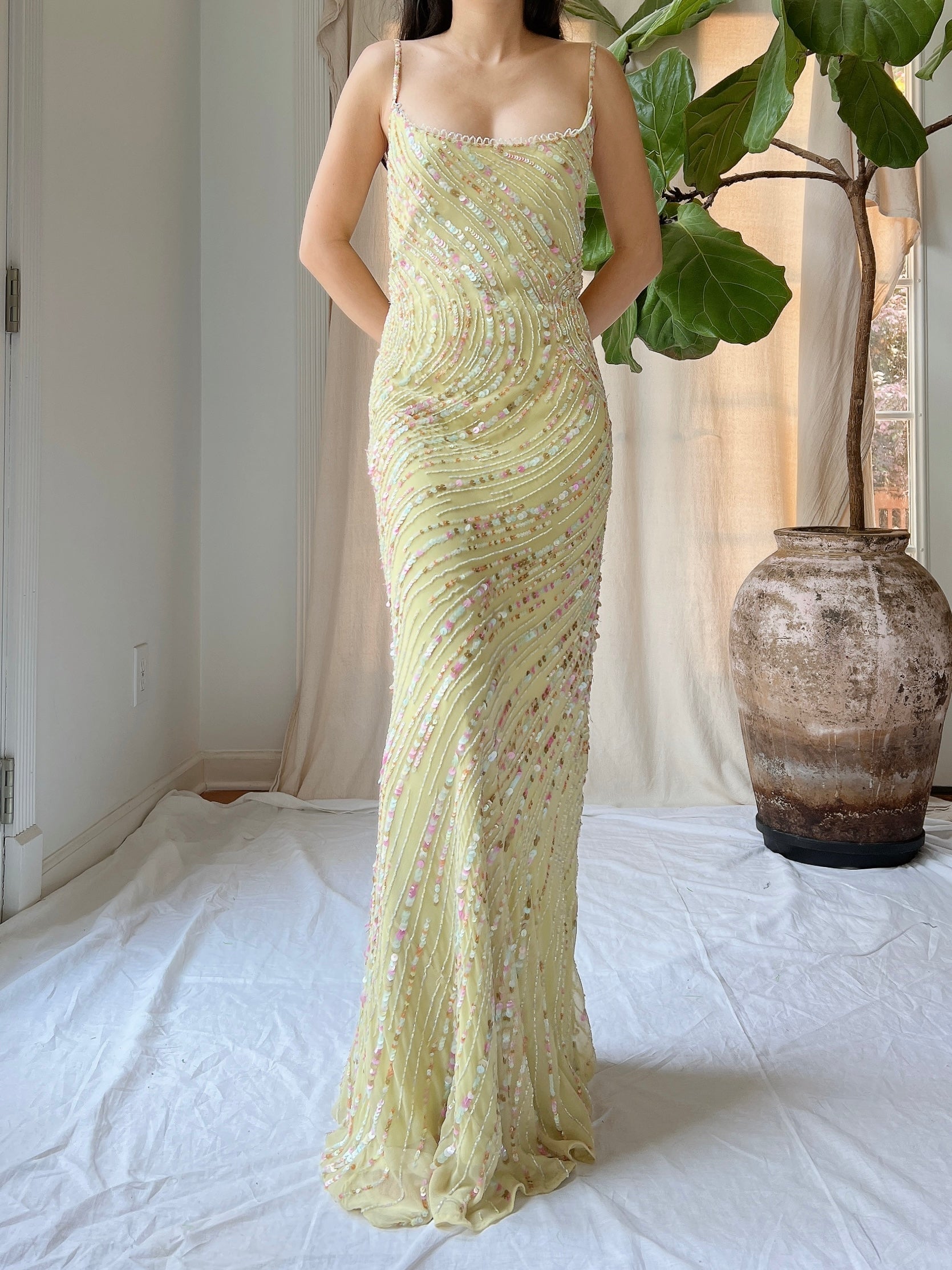 Vintage Chartreuse Silk Beaded Gown - M/L