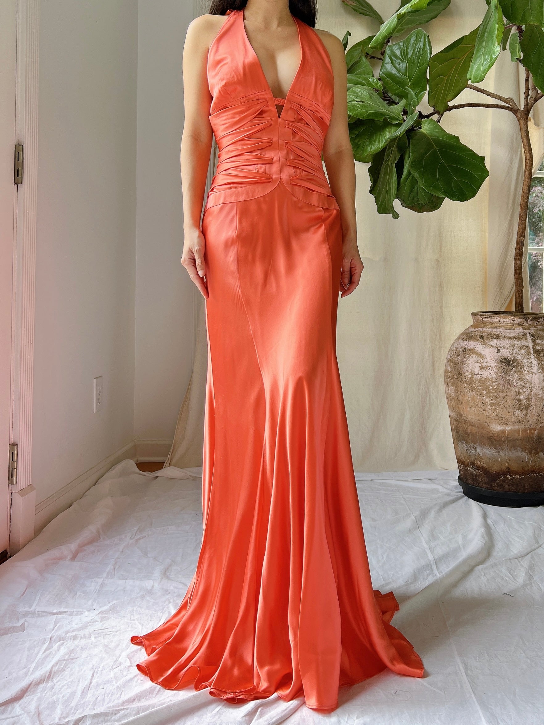 Vintage Silk Coral Plunge Gown - M