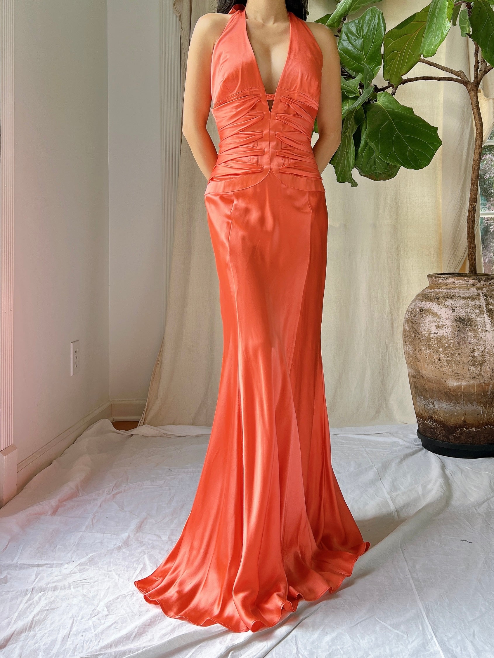 Vintage Silk Coral Plunge Gown - M