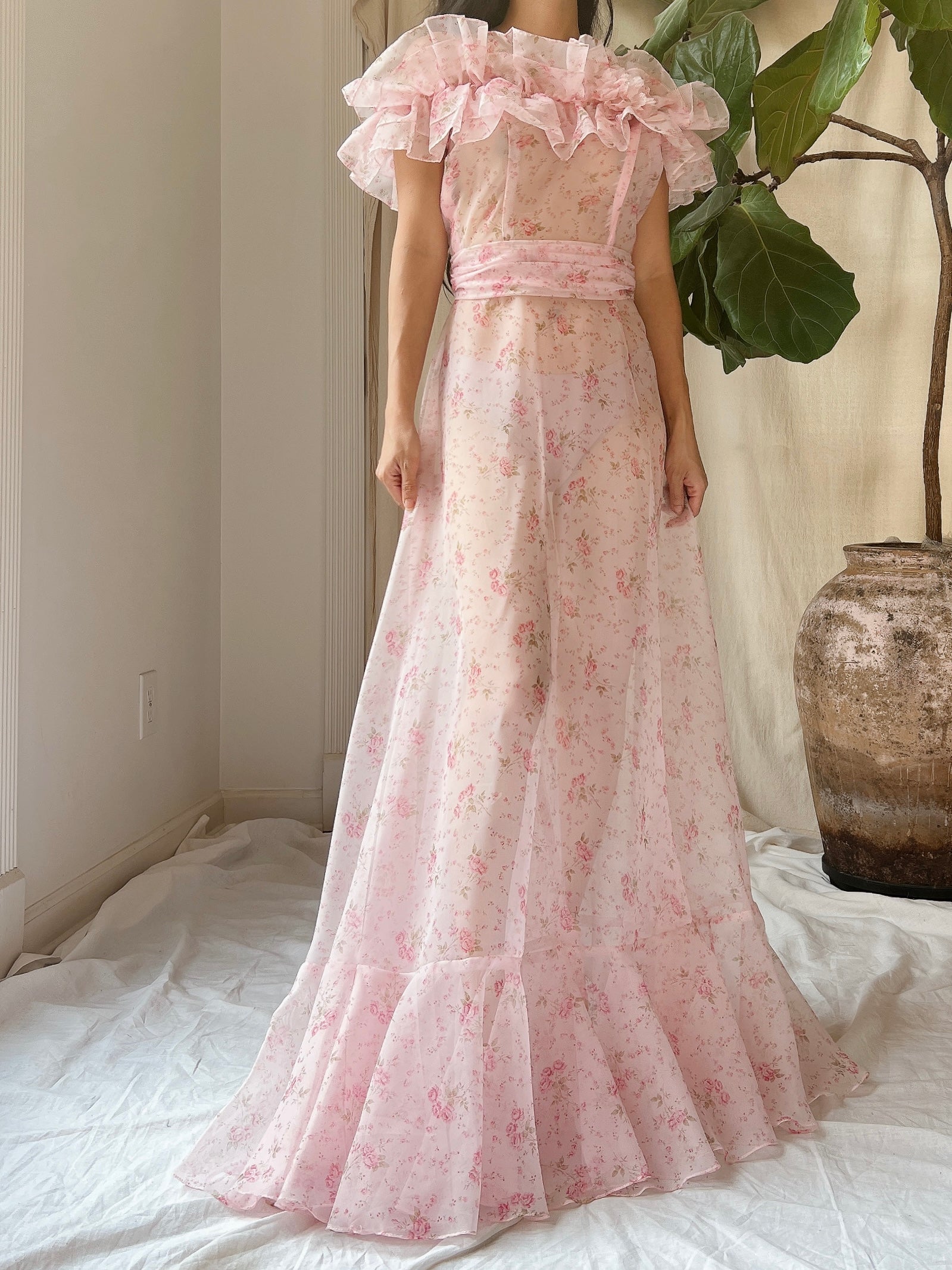 Vintage Floral Print Elastic Off-the-Shoulder Dress - XS/S