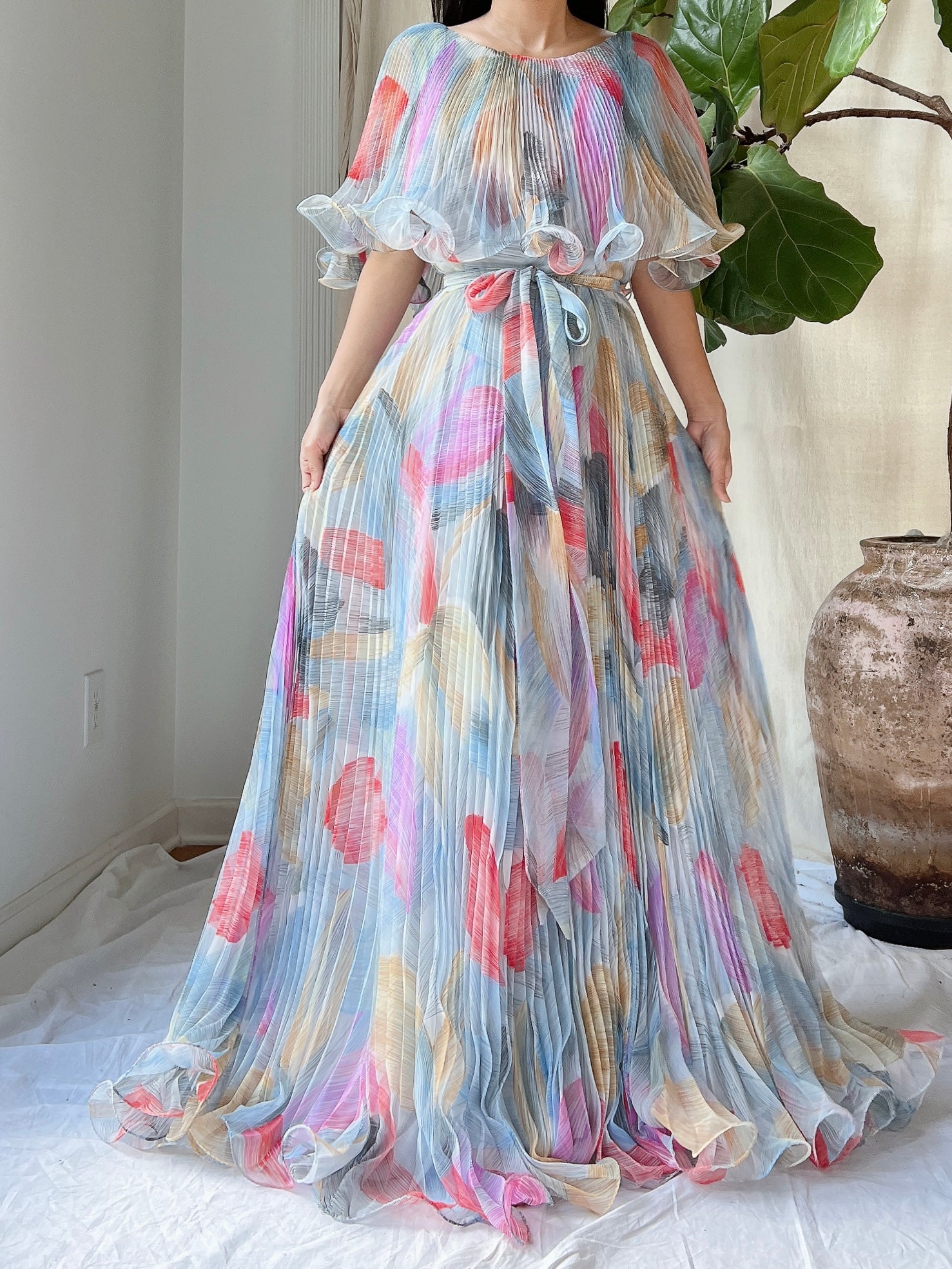 Vintage Pleated Abstract Dress - M