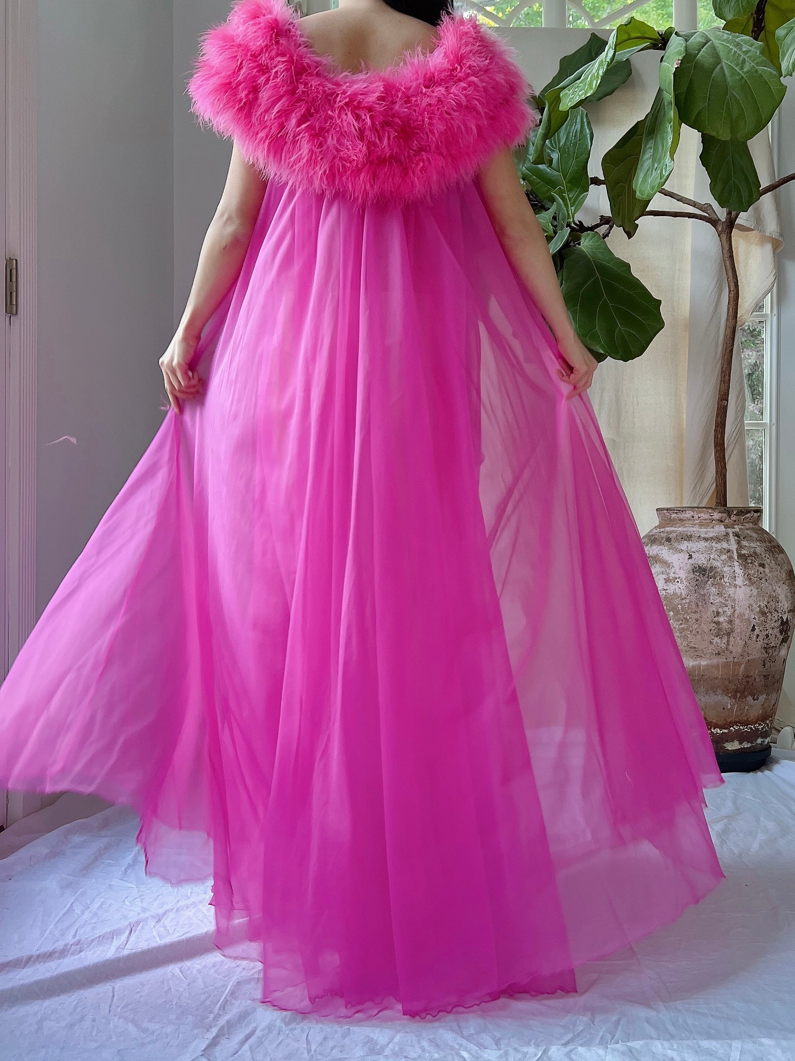 Vintage Feather Collar Nylon Dressing Gown - OSFM
